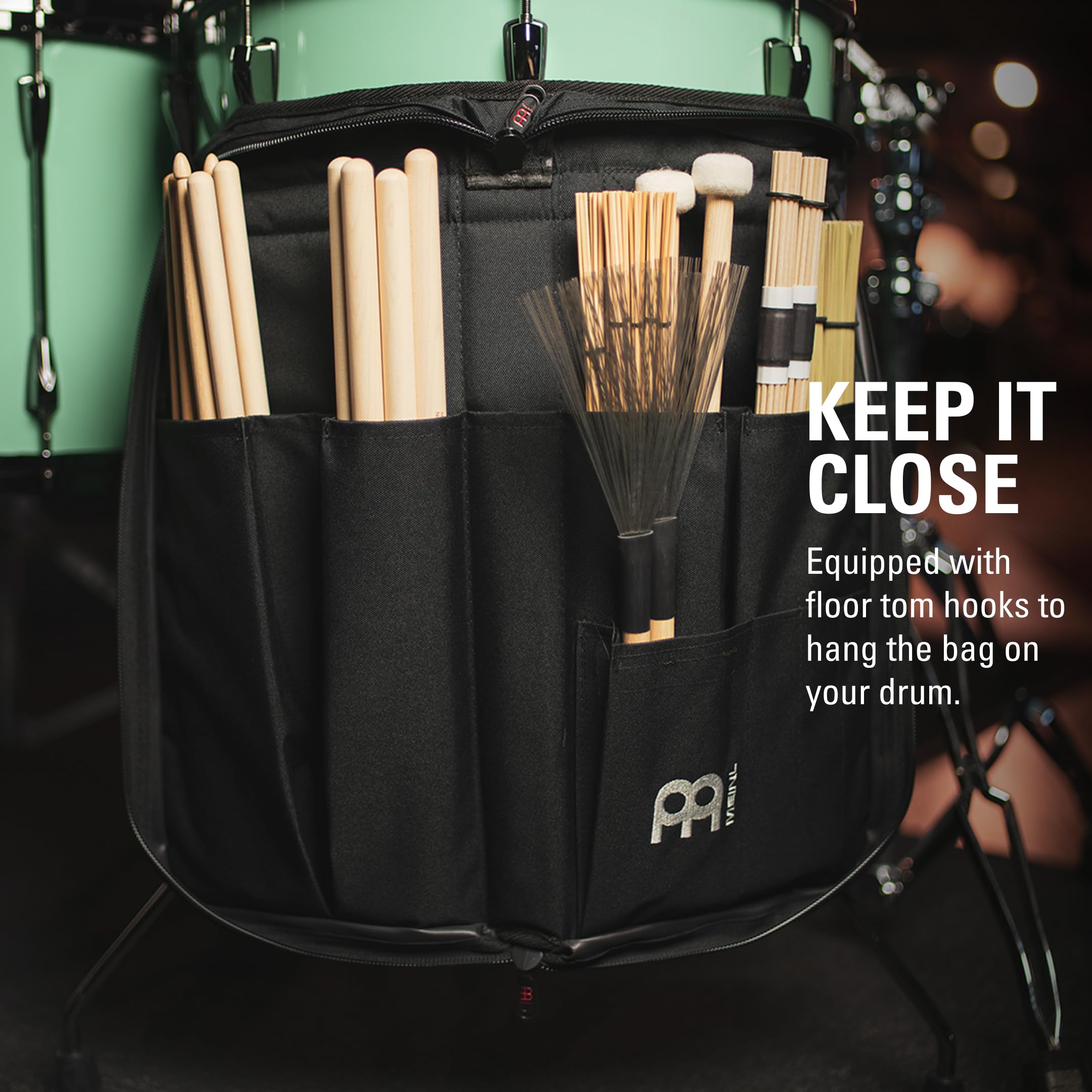 Meinl Percussion Drum Stick Bag With Extra Outside Pocket And Floor Tom Hooks   For Mallets, Brushes And Accessories, Black, Sta