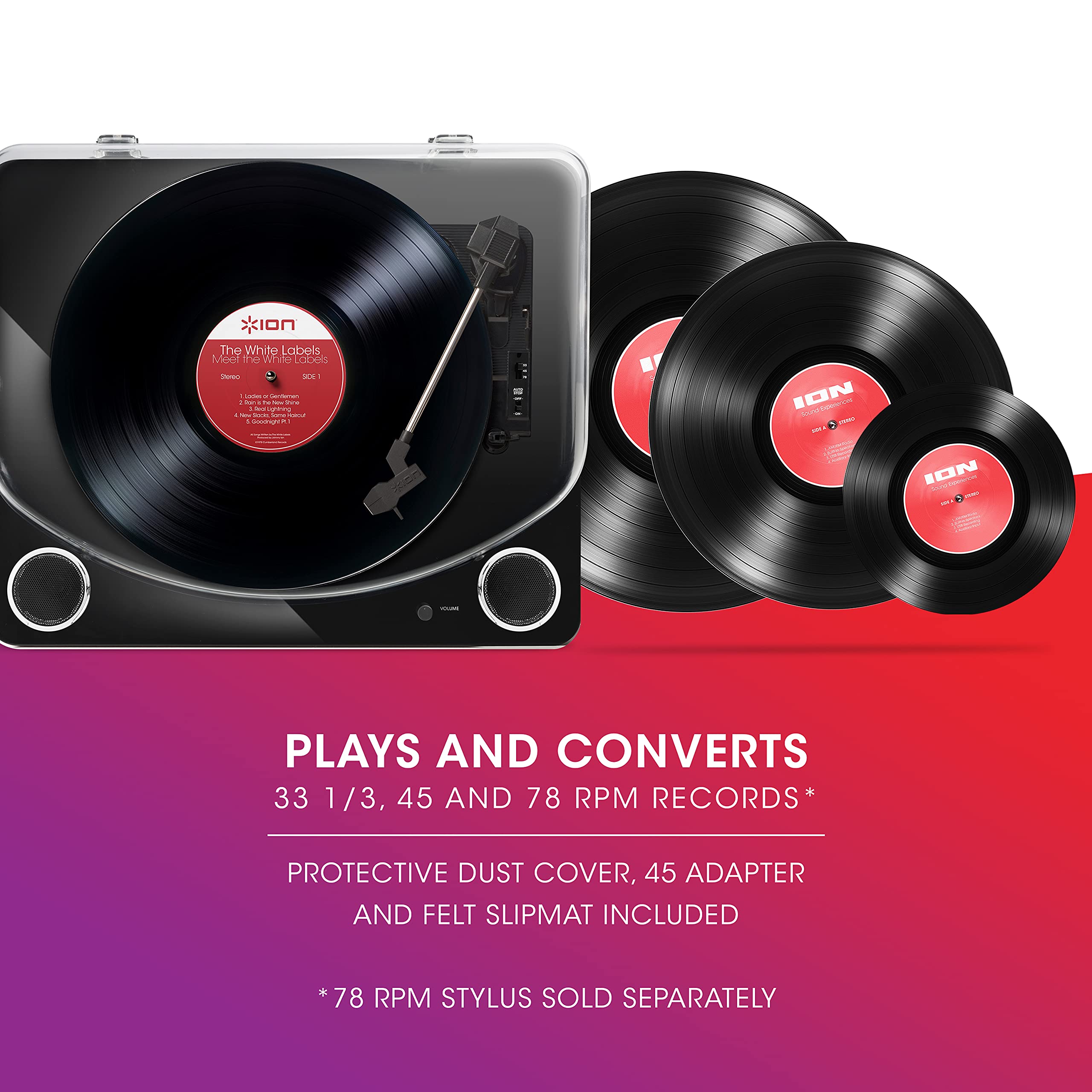 Ion Audio Max Lp Black |Three Speed Vinyl Conversion Turntable With Stereo Speakers, Usb Output To Convert Vinyl Records To Digital Files And Standard Rca & Headphone Outputs