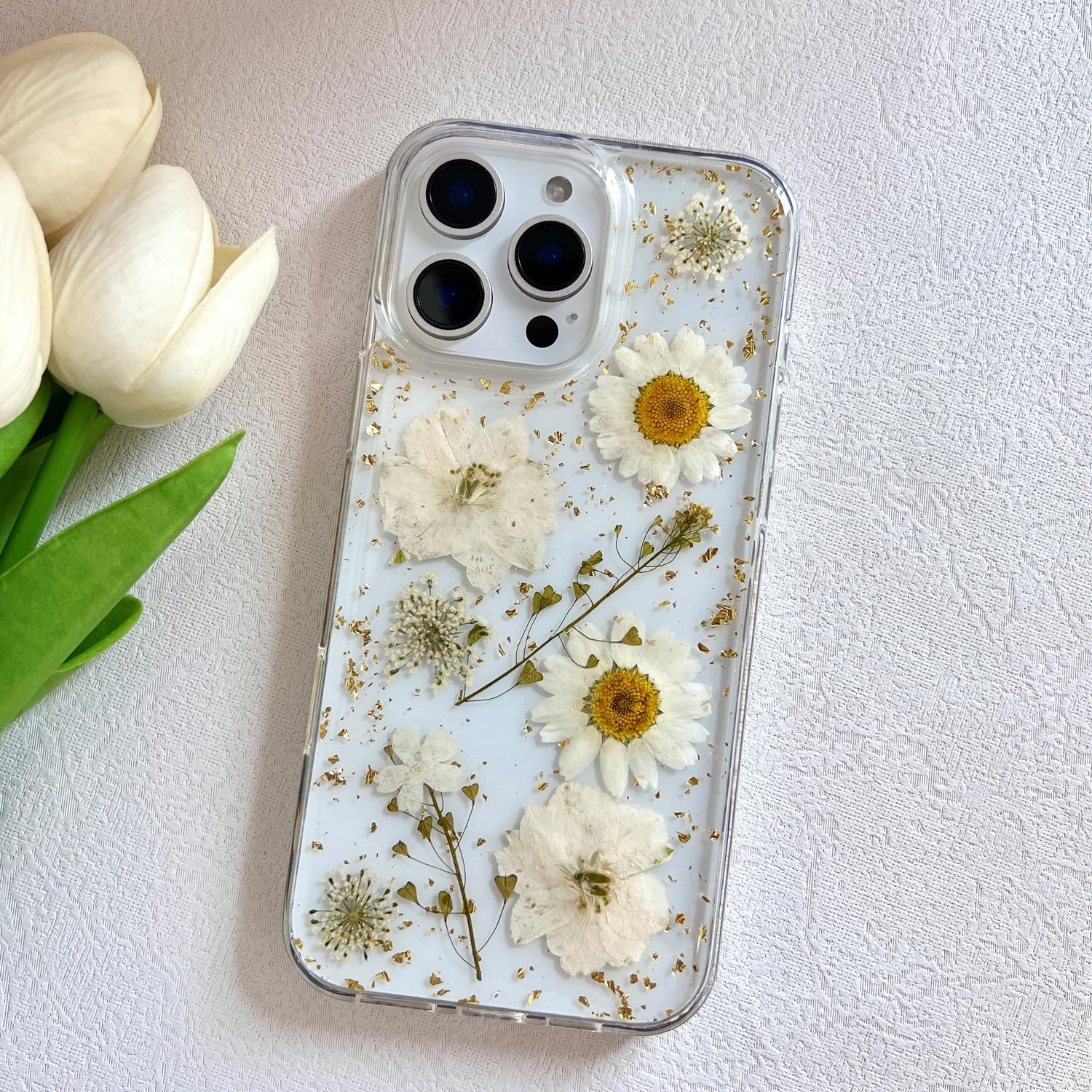 Lseeka For Iphone 16 Pro Clear Case With Pressed Real Flowers Design,Glitter Cute White Floral Pattern Slim Soft Tpu Protective