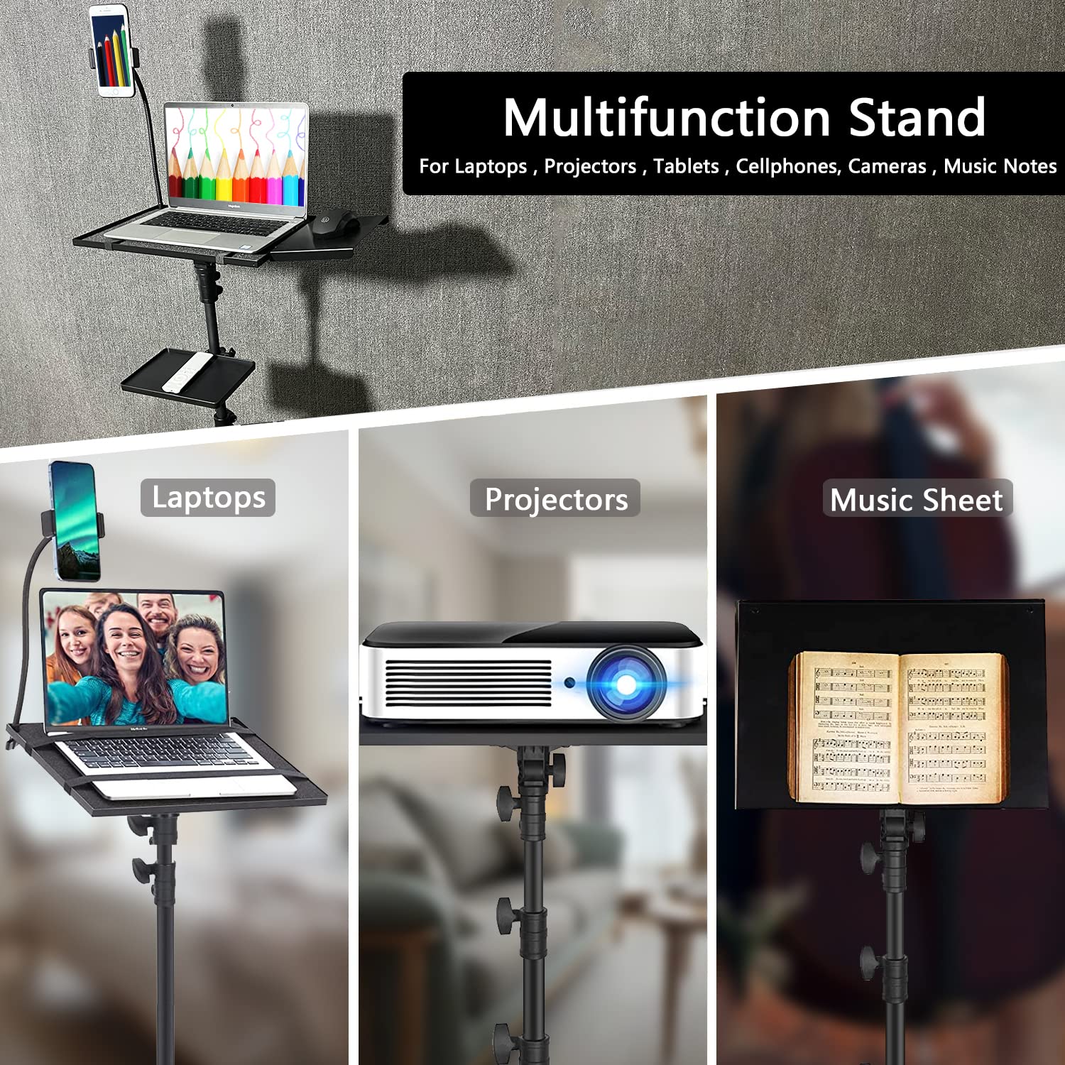 Asltoy Projector Tripod Stand With Wheels Adjustable Height Laptop Tripod Stand Treadmill Laptop Stand With 2 Shelves Phone Hold