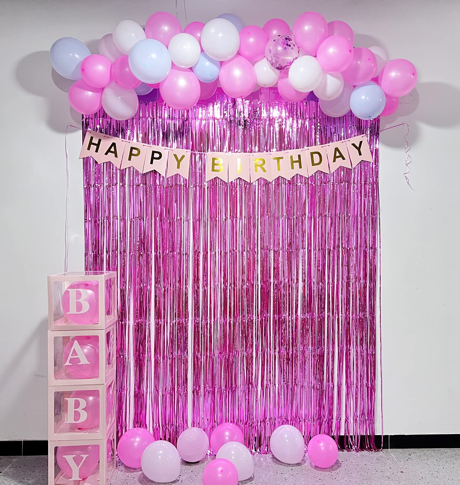 Pink Foil Fringe Curtains Tinsel Backdrop, Melsan 3.2 X 8 Ft Metallic Tinsel Curtains Party Decorations For Baby Shower,Babbie,