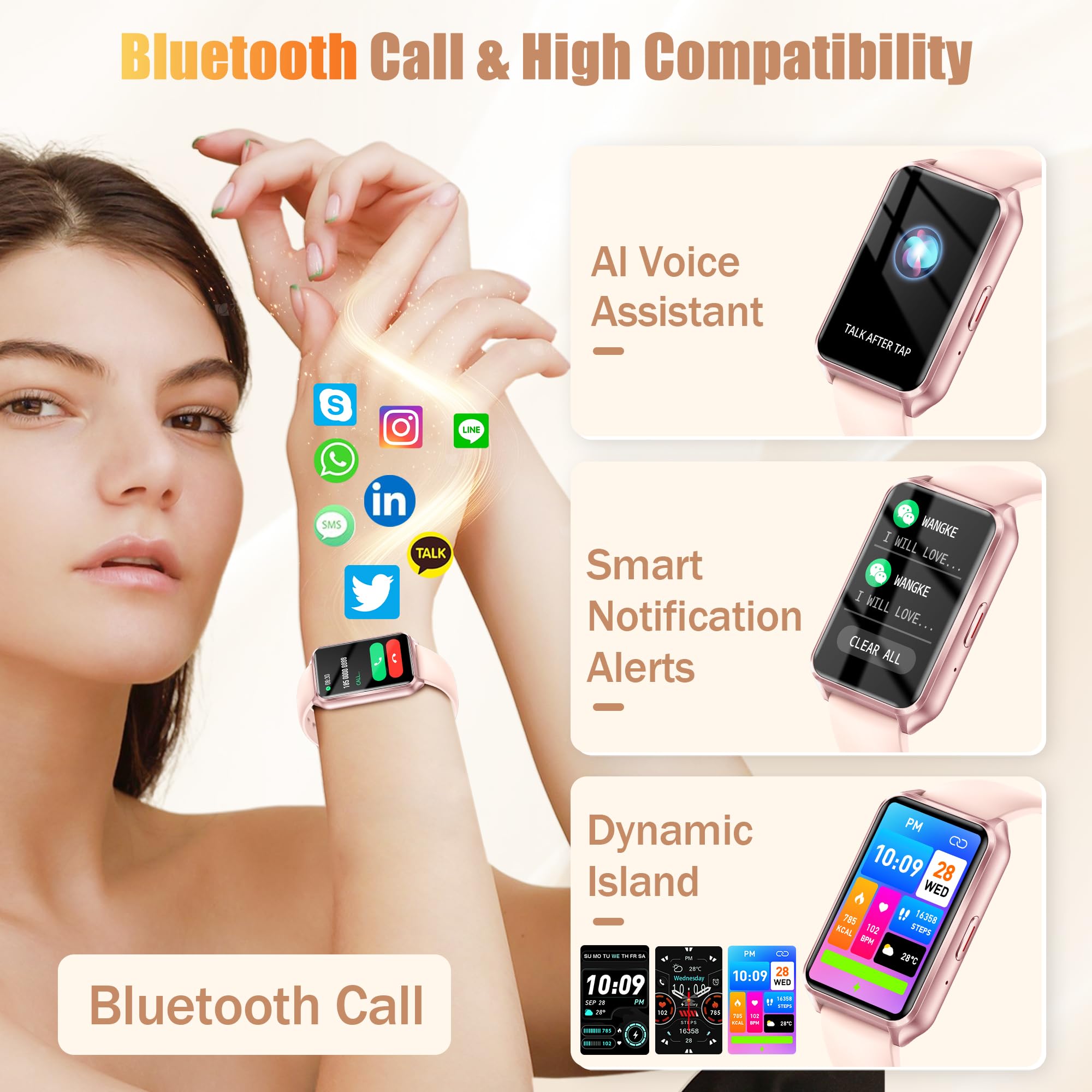 Glpyr Smart Watch With Fitness Tracker, 1.57-Inch Display, Answer Calls, Sleep Monitor, Ip68 Water Resistant (Pink)