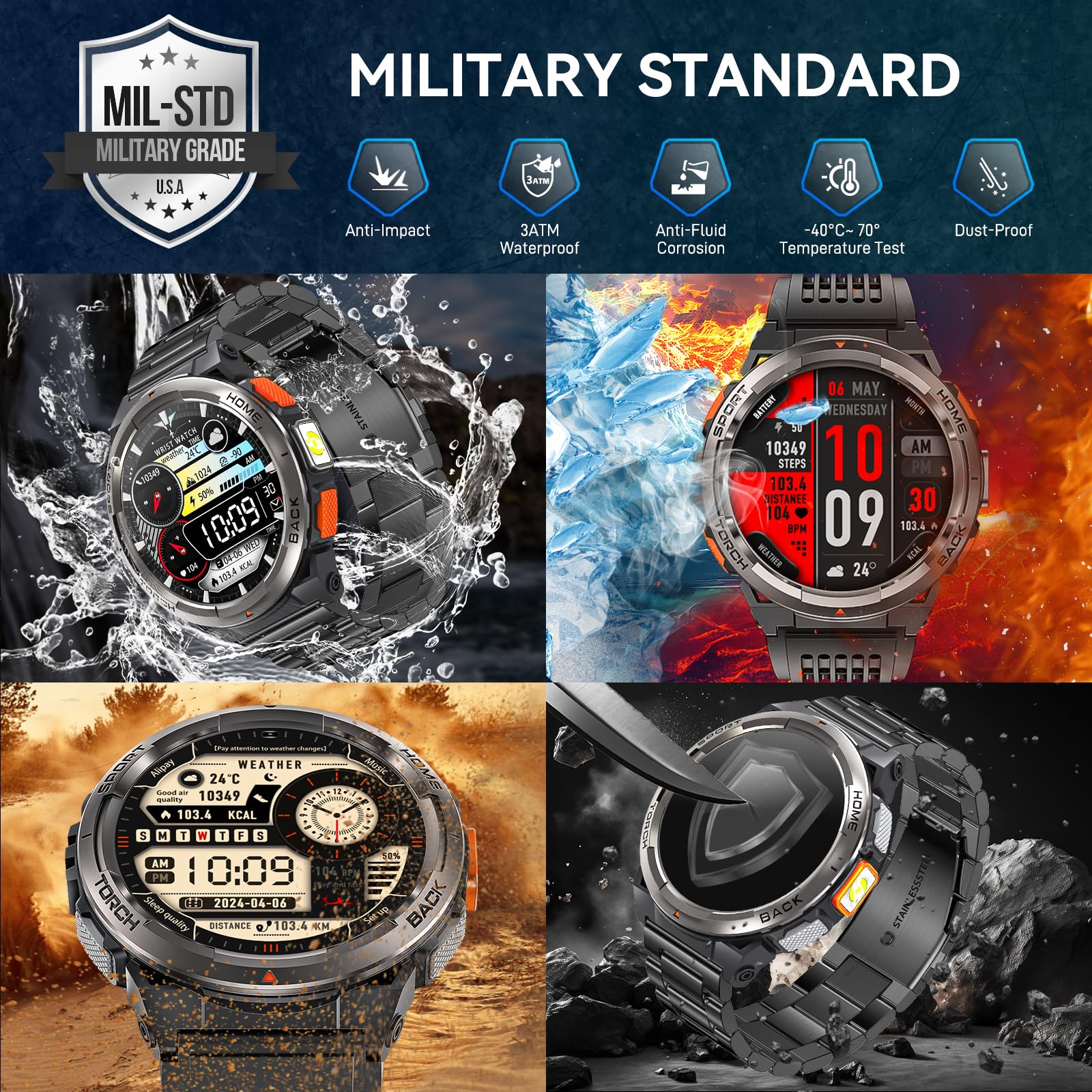 Leuceira Military Smart Watches For Men With Led Flashlight, Tactical Rugged Smart Watch With 1.45 Hd, 3Atm Waterproof & Compass