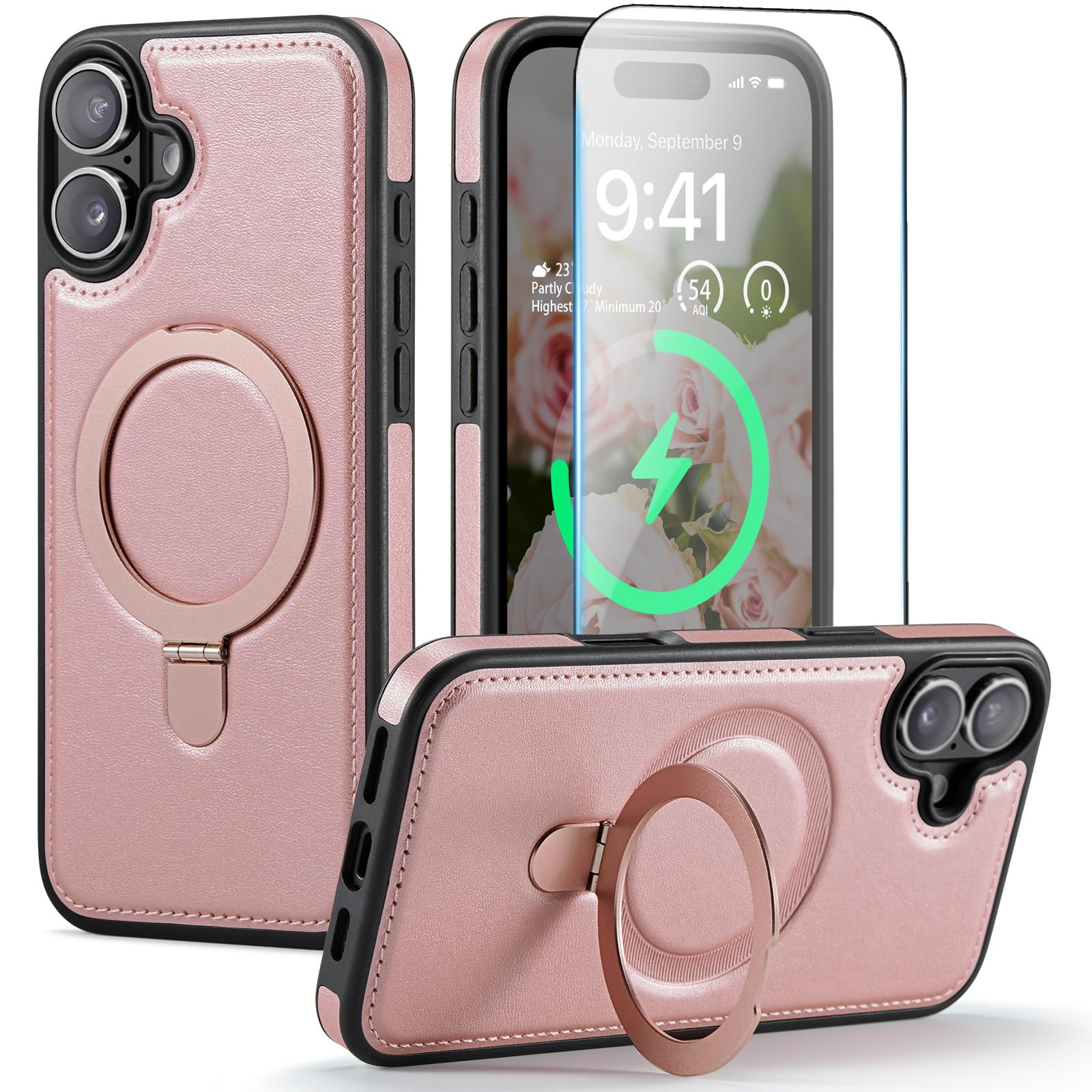 CHEEWADA for iPhone 16 Case with Stand Compatible with Magsafe Thin Slim Leather & Durable TPU Drop Proof Magnetic Kickstand Pro