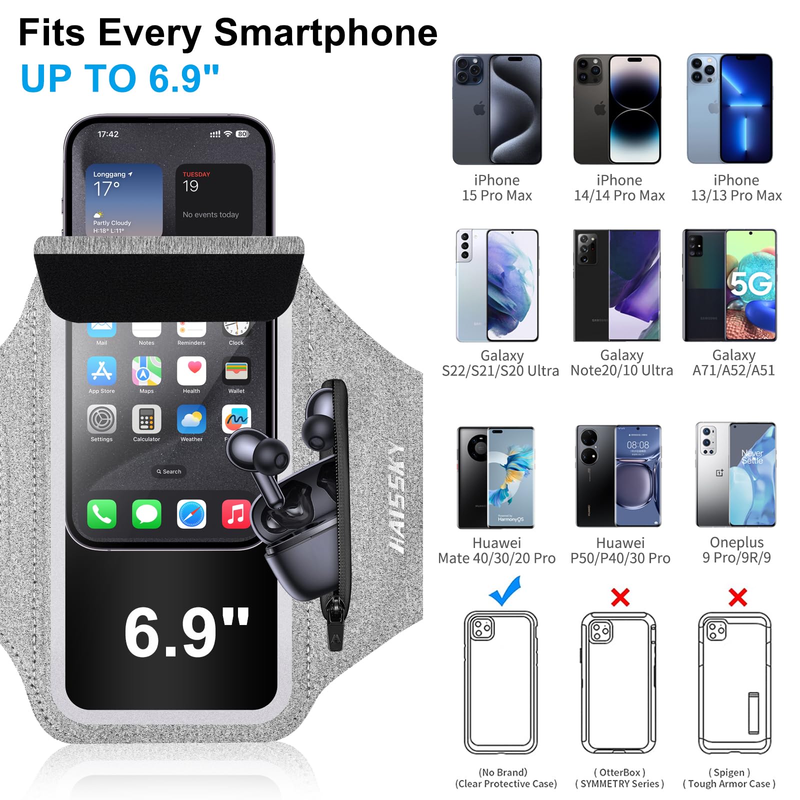 Cell Phone Running Armband With Earbuds Zipper Pocket Armband Case Running Holder For Iphone 16 Pro Max/15/14 Pro Max/13/12 /11