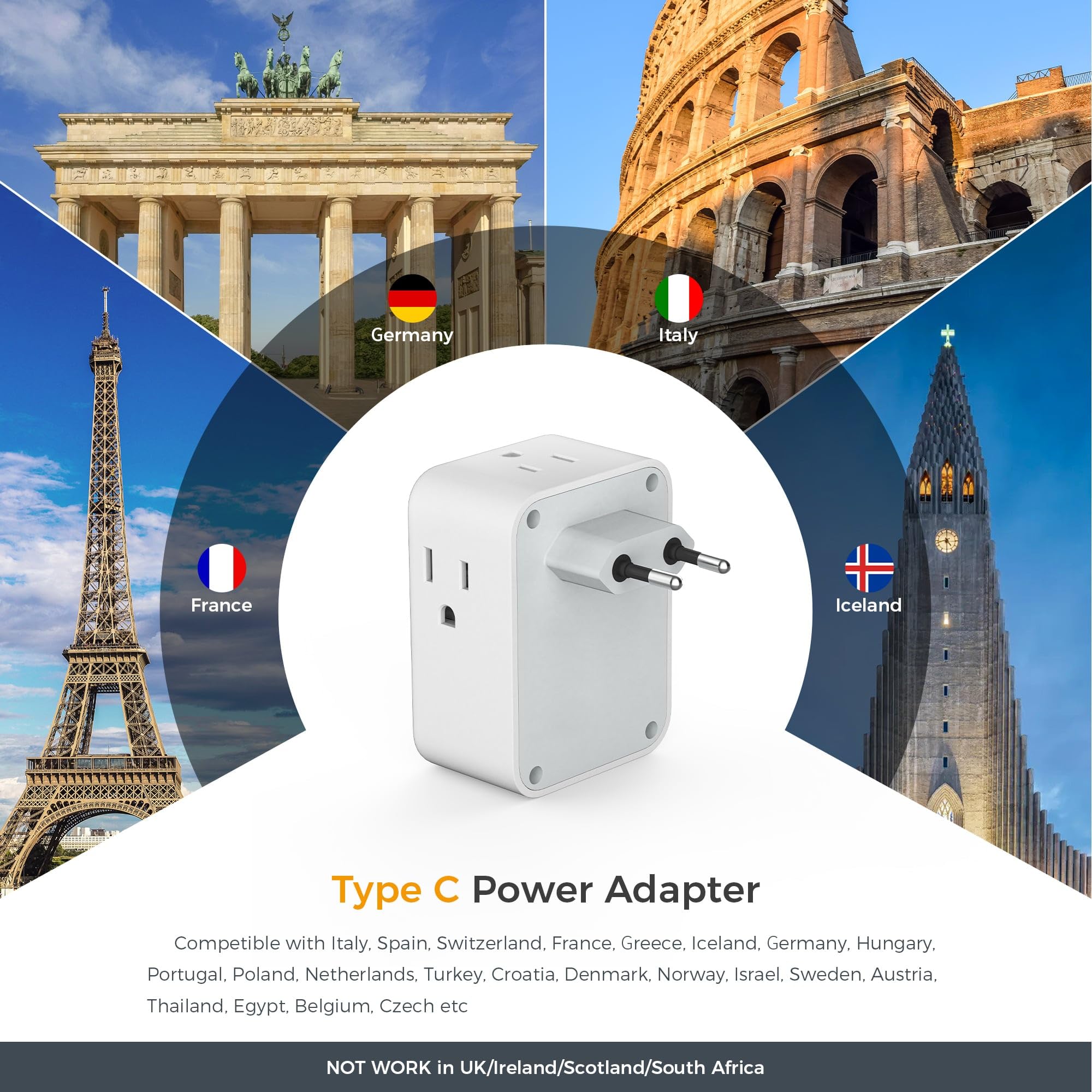 European Travel Plug Adapter 2 Packs, Tessan Europe International Power Adaptor With 4 Outlets 3 Usb Charging Ports (1 Usb C), T
