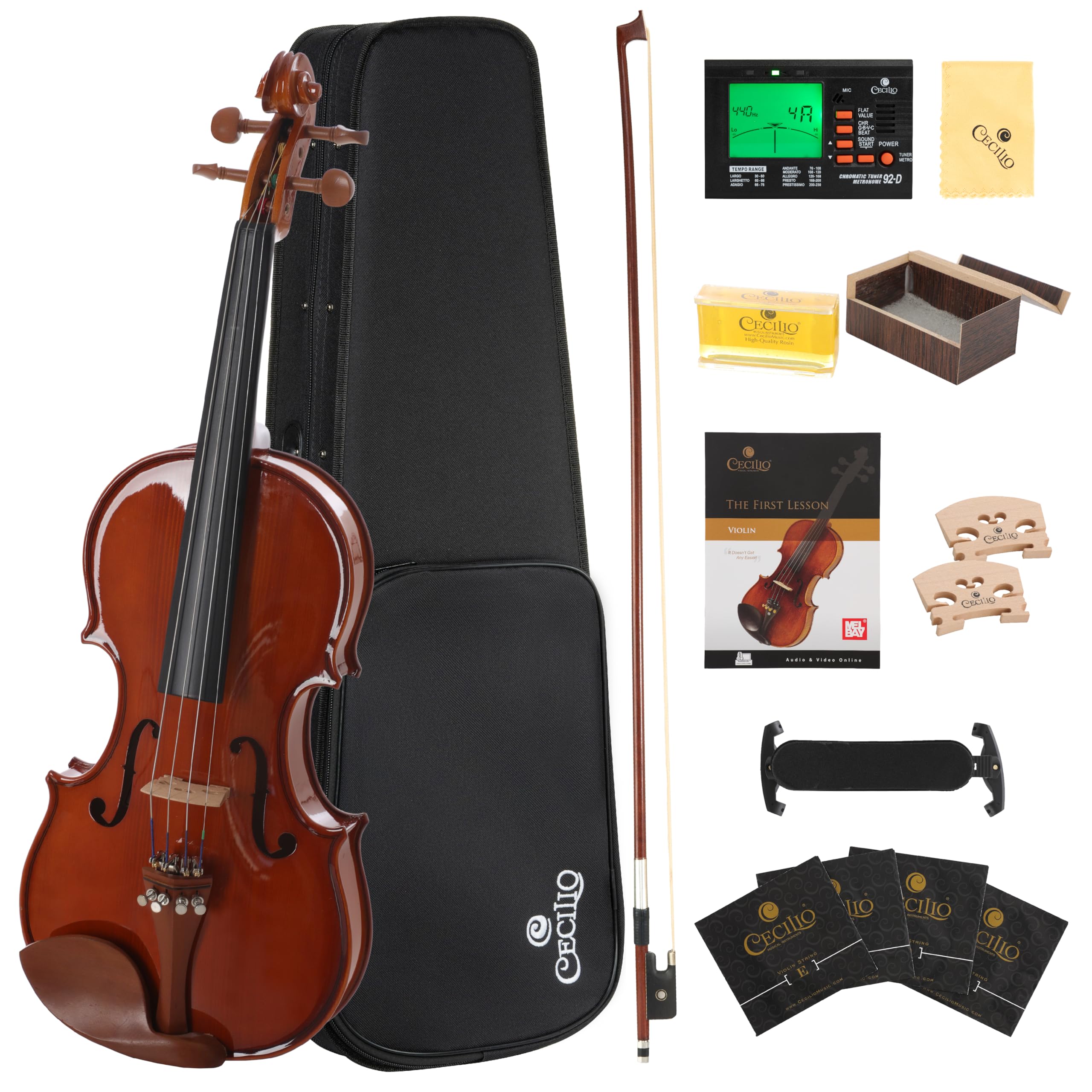 Cecilio 1/2 Size Natural Varnish Violin for Beginners, Hand-Carved Solid Spruce Top, Maple Back & Sides, Full Fiddle Kit with Ha
