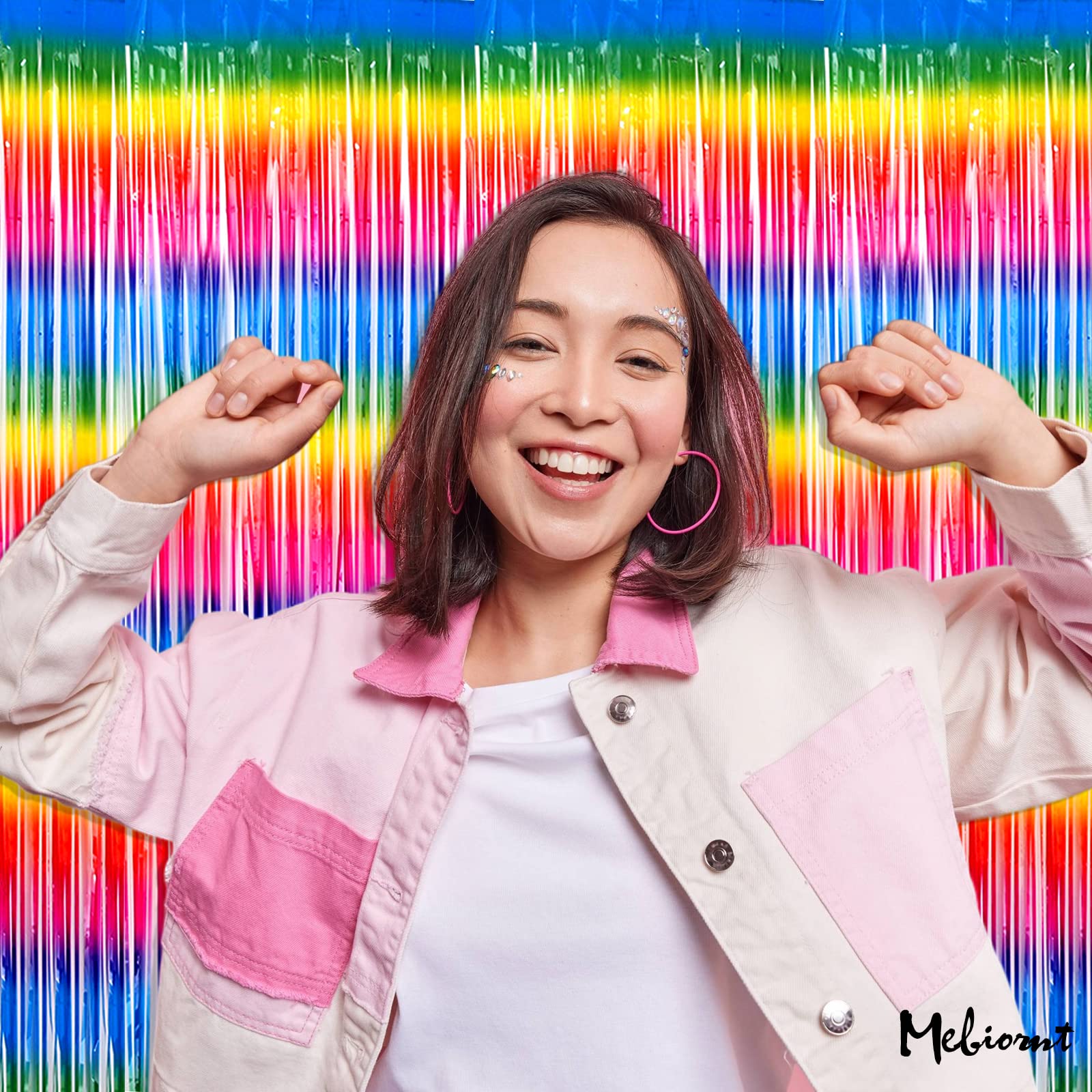 4 Pack Rainbow Fringe Curtain Backdrop, 3.2Ft X 8.2Ft Metallic Tinsel Foil Fringe Streamers Curtains Background For Photo Booth