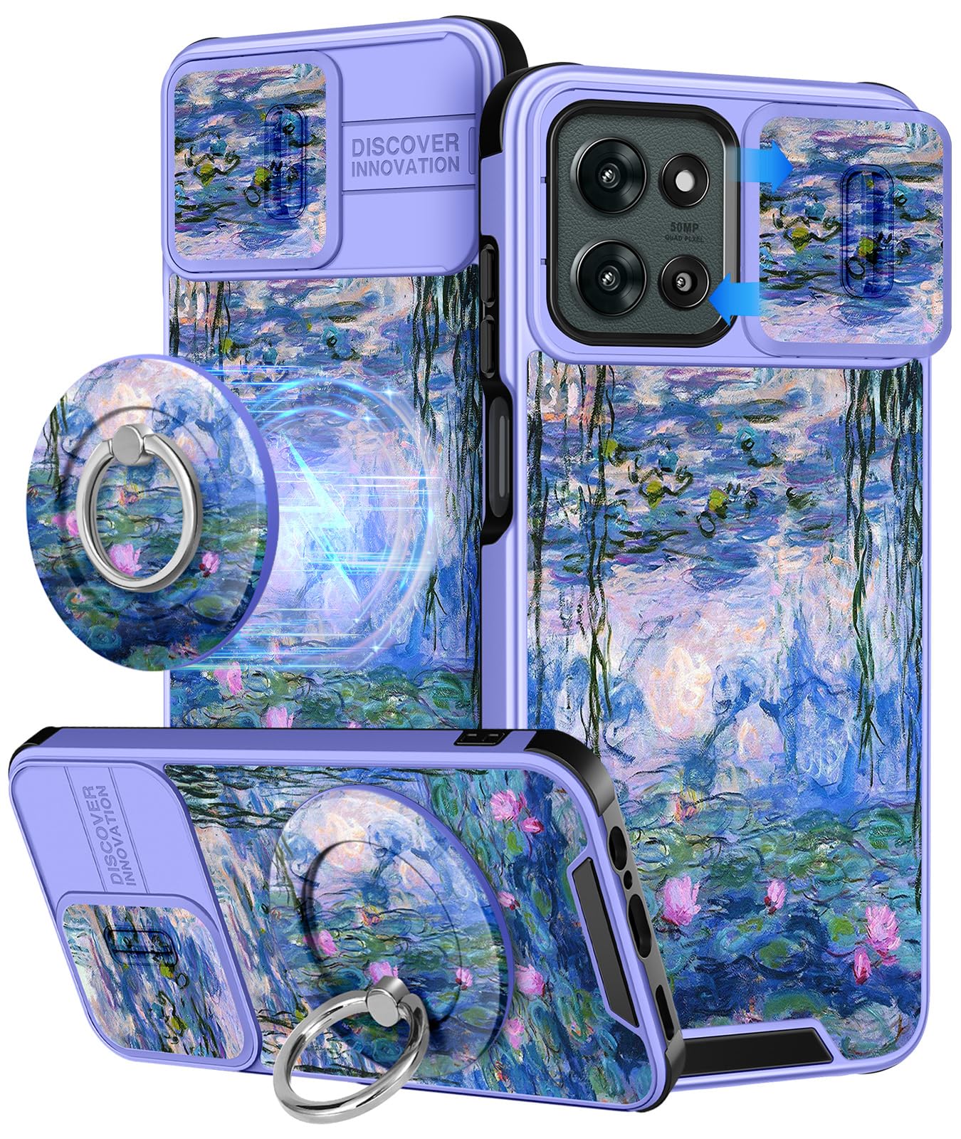 Buleens for Moto G 2026/2025 Case - Cute Design with Ring Stand & Camera Cover for Women Girly Blue Water Lily Phone Cover for M