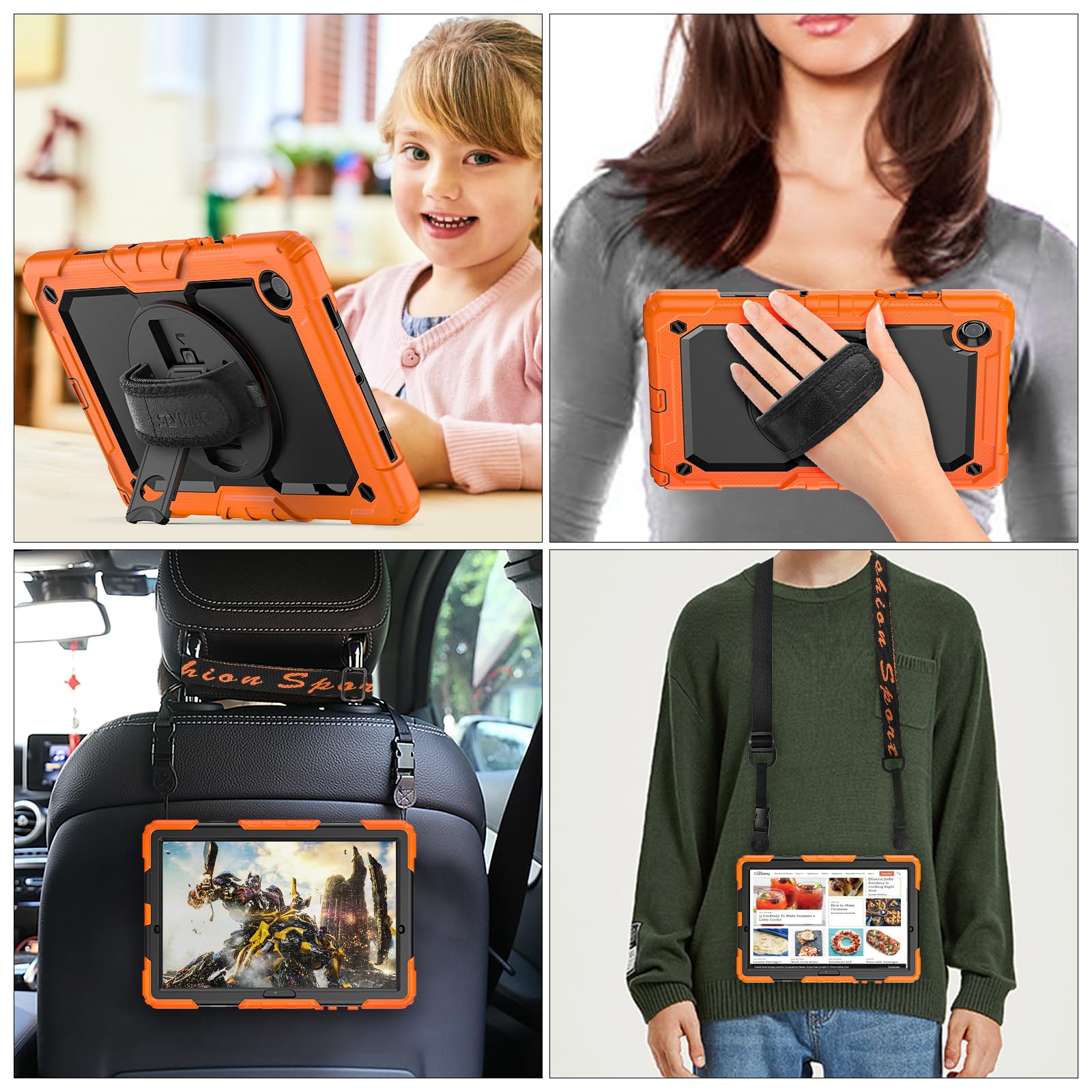 Seymac Stock 360 Hand Strap Shockproof Case For Samsung Galaxy Tab A9 Plus 11 Inch, Orange+Black