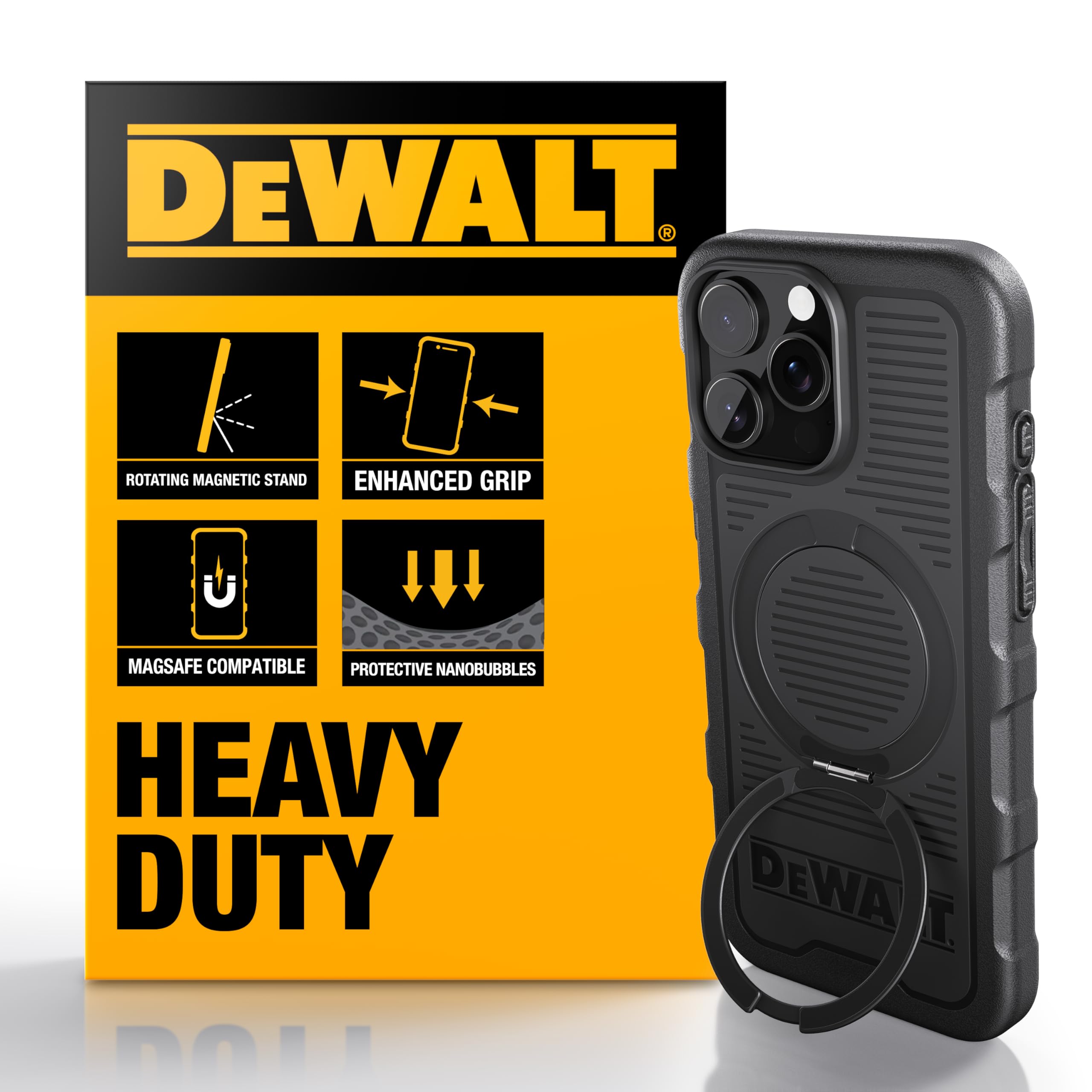 DEWALT 360 Rotatable Magnetic Ring for iPhone 16 Pro Case, Heavy Duty Drop Protection Fit for MagSafe w/Stand & Ring Holder, Sho