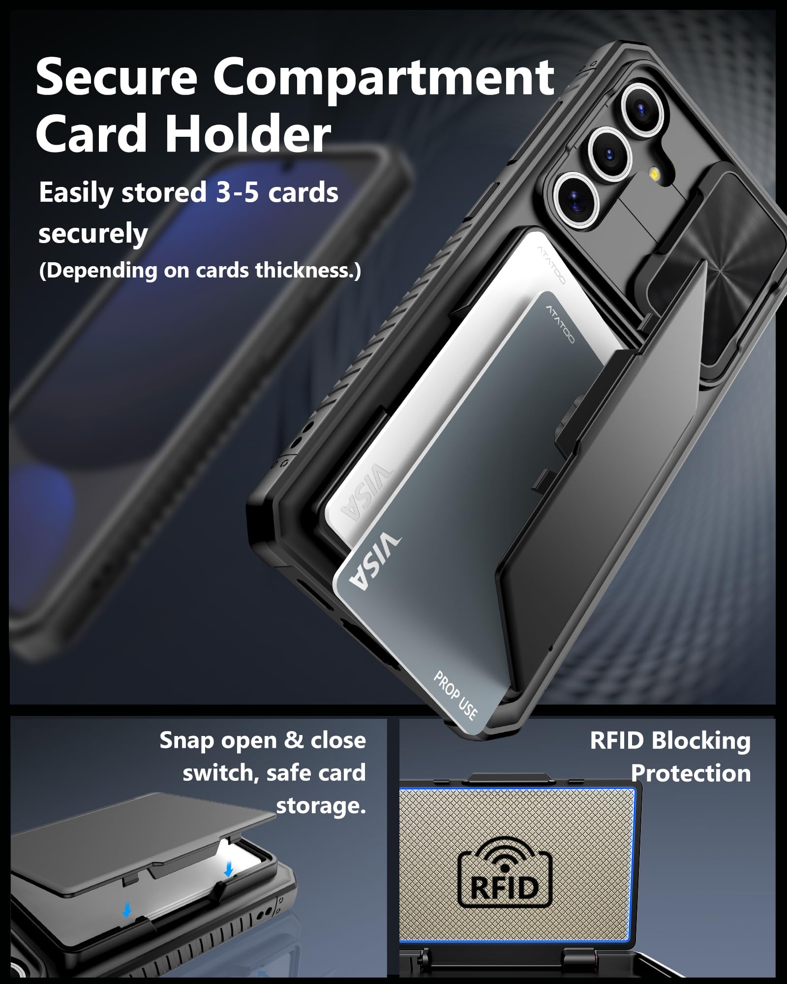 Atatoo For Samsung Galaxy S24 Fe Case With Card Holder(Store 4 5 Cards) [Rfid Blocking] & Slide Camera Cover, Military Grade Pro