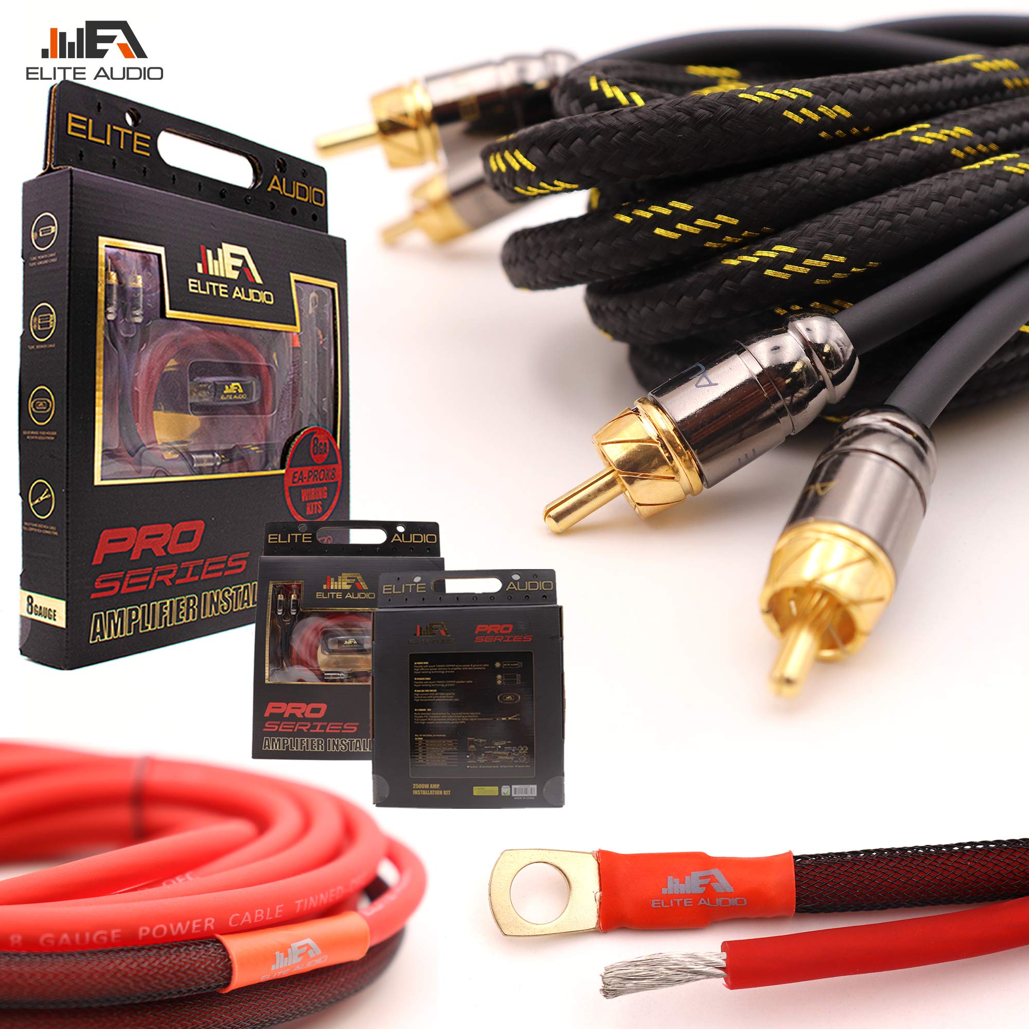Elite Audio EA-PROK8 Amplifier Wiring Kit - 2500W, 8 Gauge Oxygen Free Copper, Gold