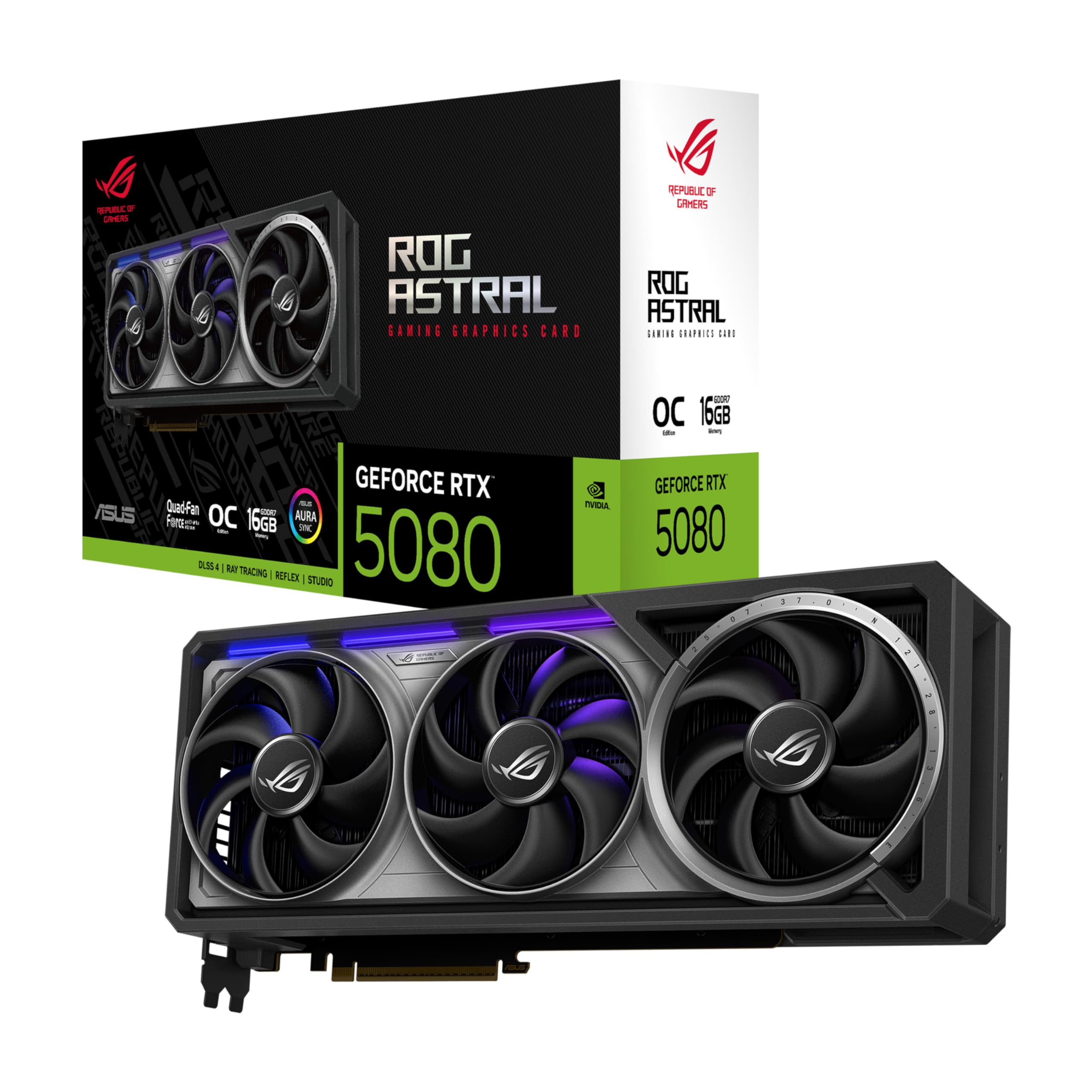 ASUS ROG Astral GeForce RTX 5080 OC Edition Gaming Graphics Card (PCIe 5.0, 16GB GDDR7, HDMI/DP 2.1, 3.8-Slot, 4-Fan Design, Axi