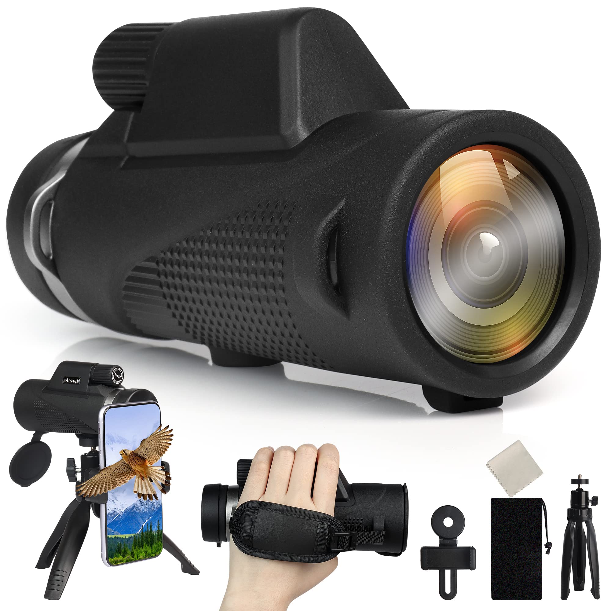 Aoziqi 12X55 Hd Monocular Telescope With Smartphone Holder, 2023 Waterproof Monocular, Lightweight Monocular For Bird Watching H