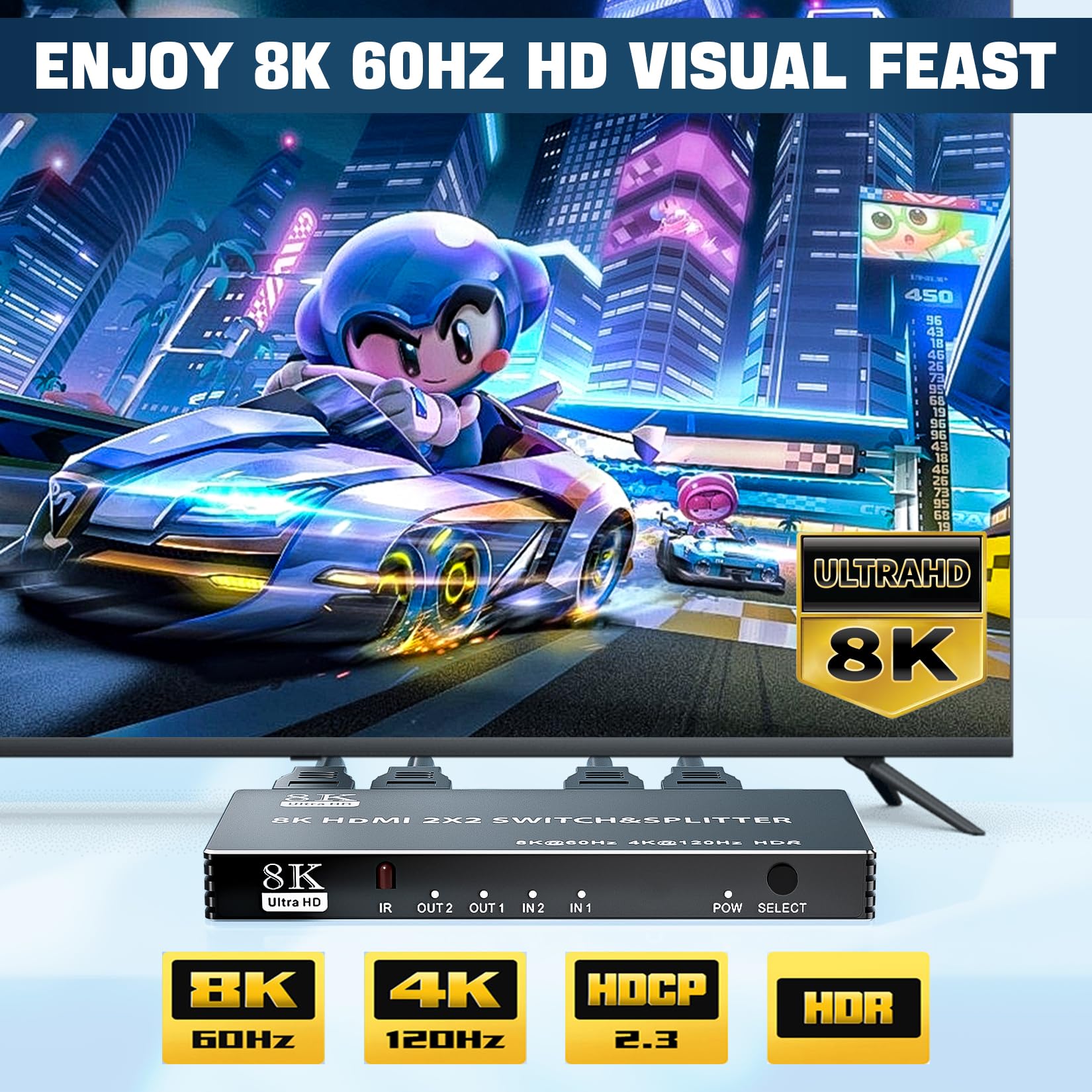 BolAAzuL HDMI 2.1 Switch Splitter 2x2, 8K@60Hz, 4K@120Hz, 40Gbps, HDR, HDCP