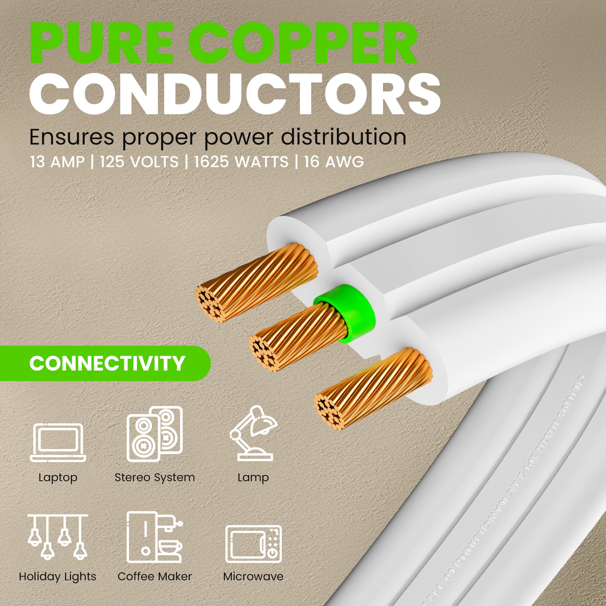 Gearit 360 Rotating Flat Plug Extension Cord (12Ft, White) Multi 3 Outlet Extension 16 Awg Wire, Adapter For Small Spaces, Right