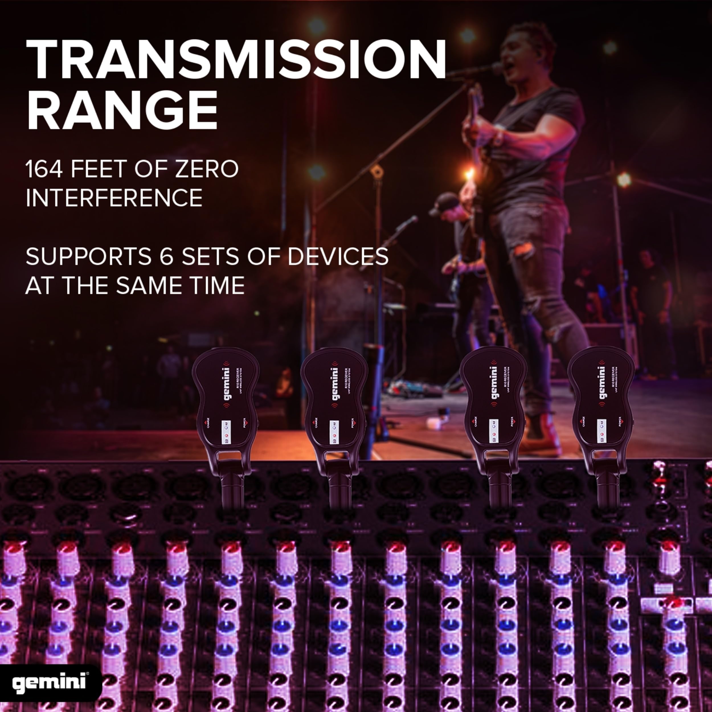 Gemini Sound Gmu G100 Uhf Wireless Guitar System, Rechargeable 1/4' Transmitter & Receiver, 50+ M Range, Low Latency, Expandable For Electric & Acoustic Guitars, Bass & Keytar