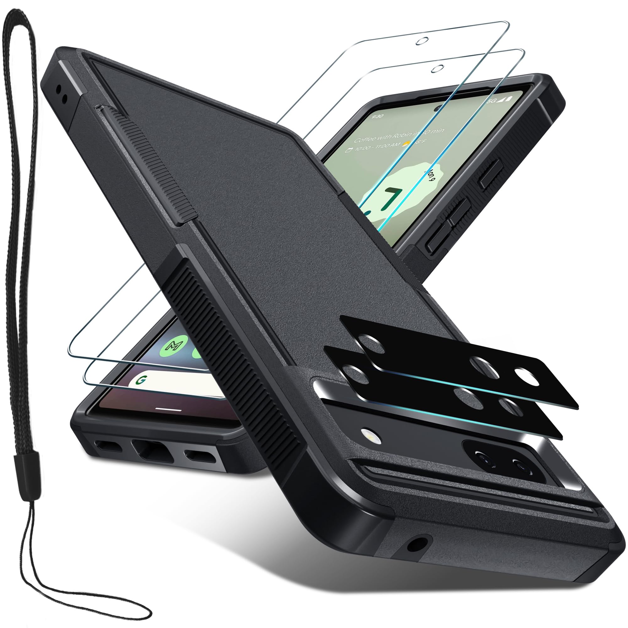 Janmitta For Google Pixel 6A Case With Screen Protector+Camera Lens Protector+Lanyard,Heavy Duty Shockproof Full Body Phone Cove