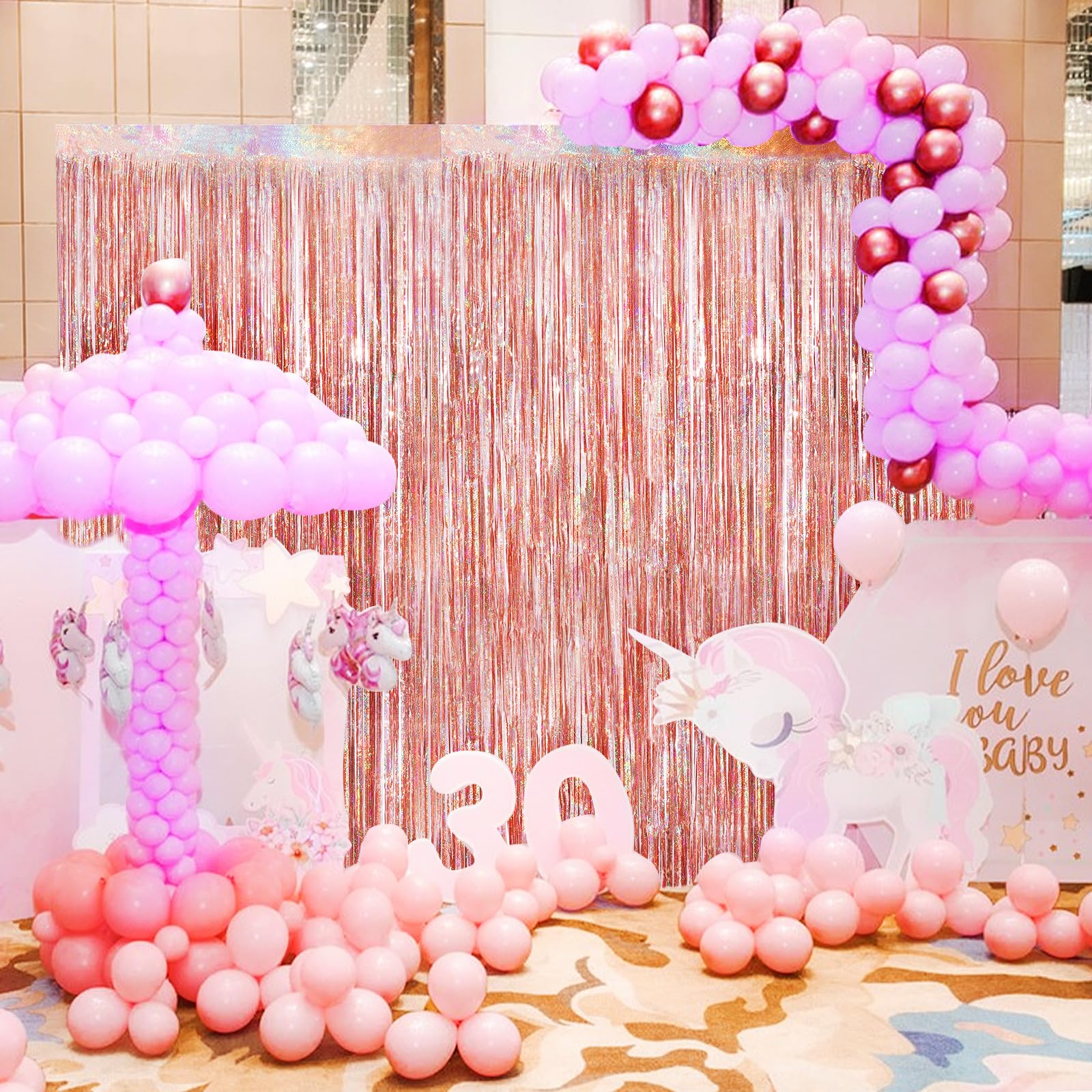 Rose Gold Metallic Tinsel Foil Fringe Curtains, 2 Pack 3.3X8.3 Feet Party Streamer For Birthday Party Decorations, Halloween Dec