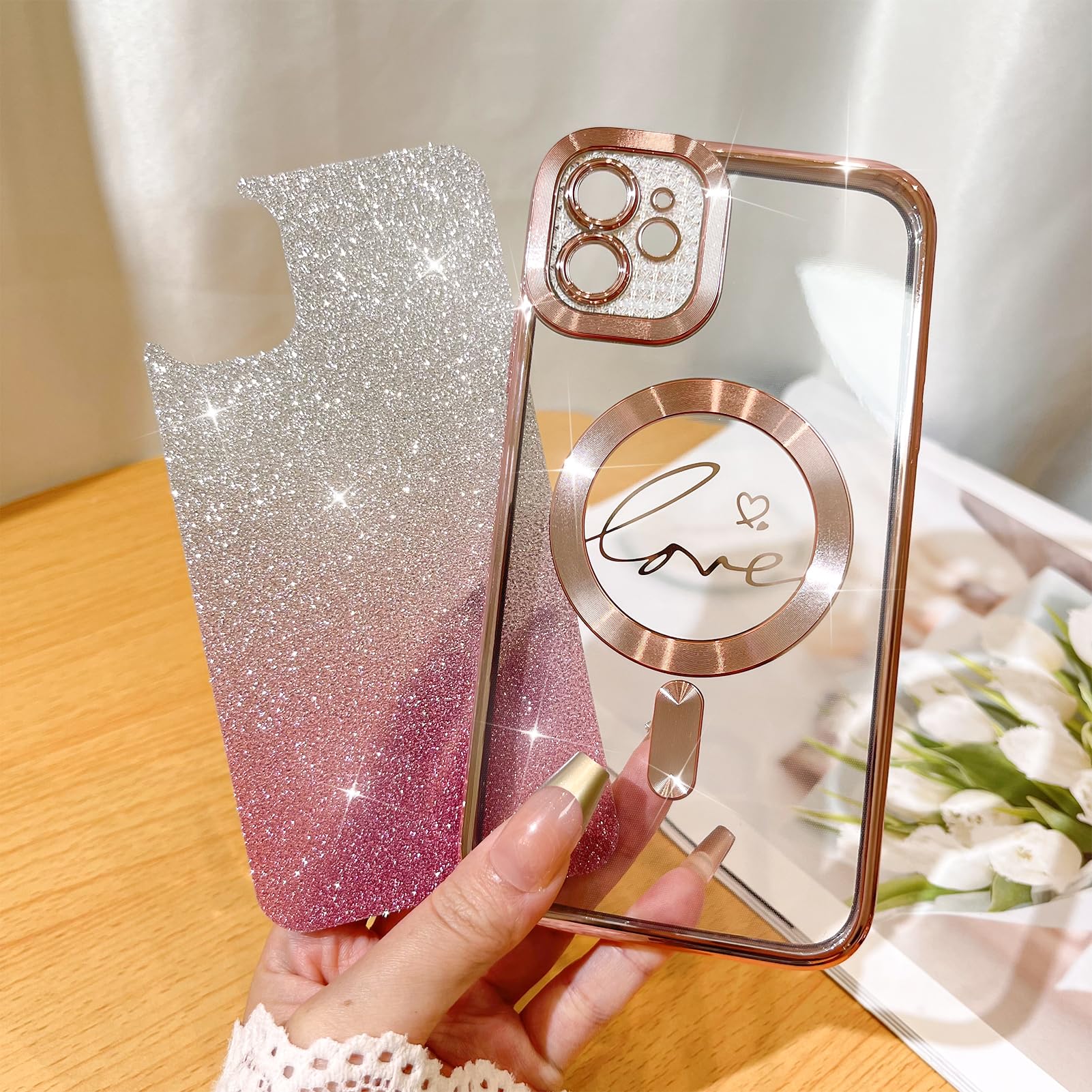 Fiyart Compatible With Iphone 12 Case,Compatible With Magsafe Love Heart Plating Camera Protection Clear Phone Case, Magnetic Gl