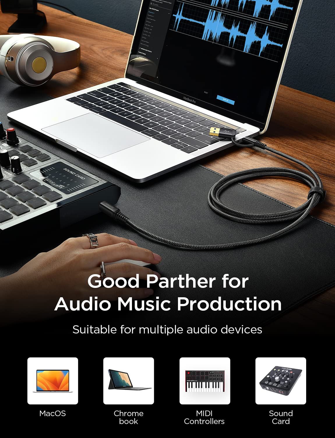 Ainope Usb Printer Cable High Speed Nylon Braided [2 In 1], 6.6Ft Black [Never Rupture] Usb B To Usb C Printer Cord For Macbook