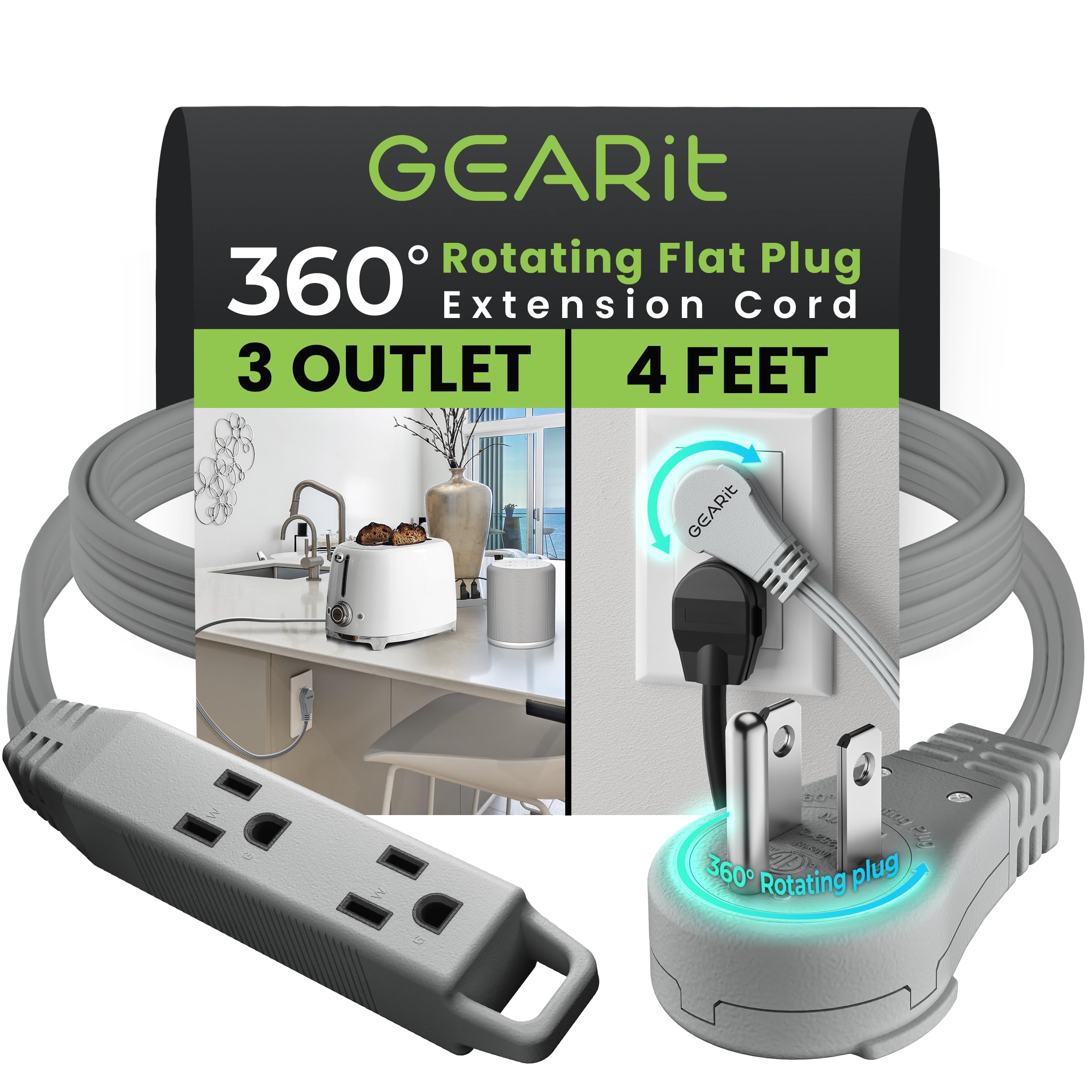 Gearit 360 Rotating Flat Plug Short Extension Cord With 3 Outlets (4Ft, Gray) 16Awg/13A 3 Prong Wire, Outlet Saver For Home Offi