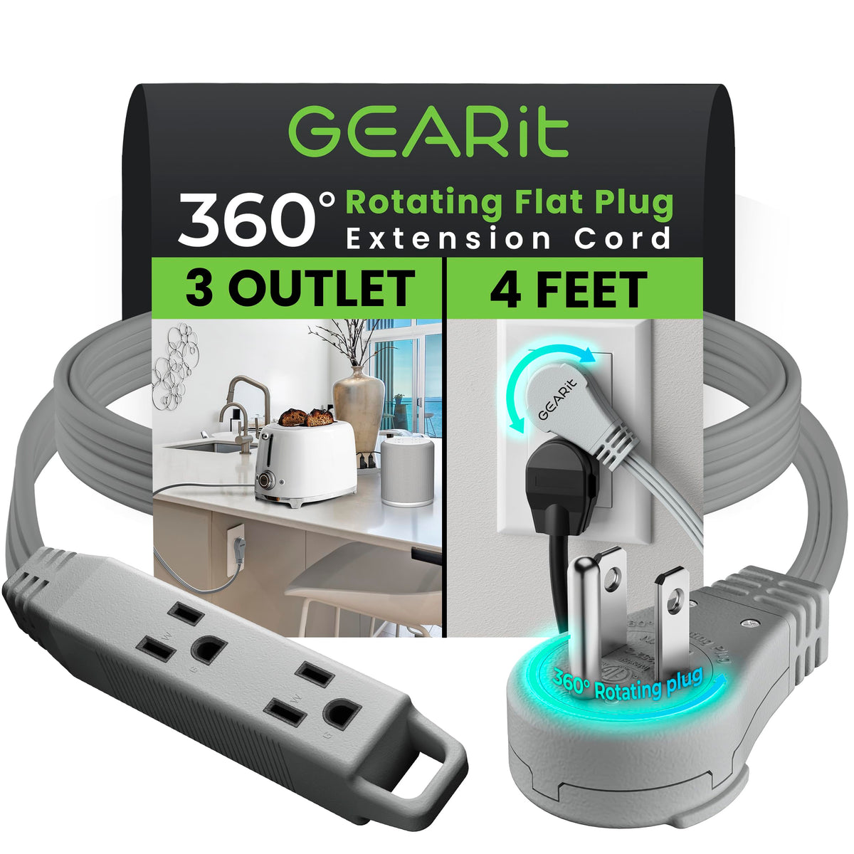 Gearit 360 Rotating Flat Plug Short Extension Cord With 3 Outlets (4Ft, Gray) 16Awg/13A 3 Prong Wire, Outlet Saver For Home Offi