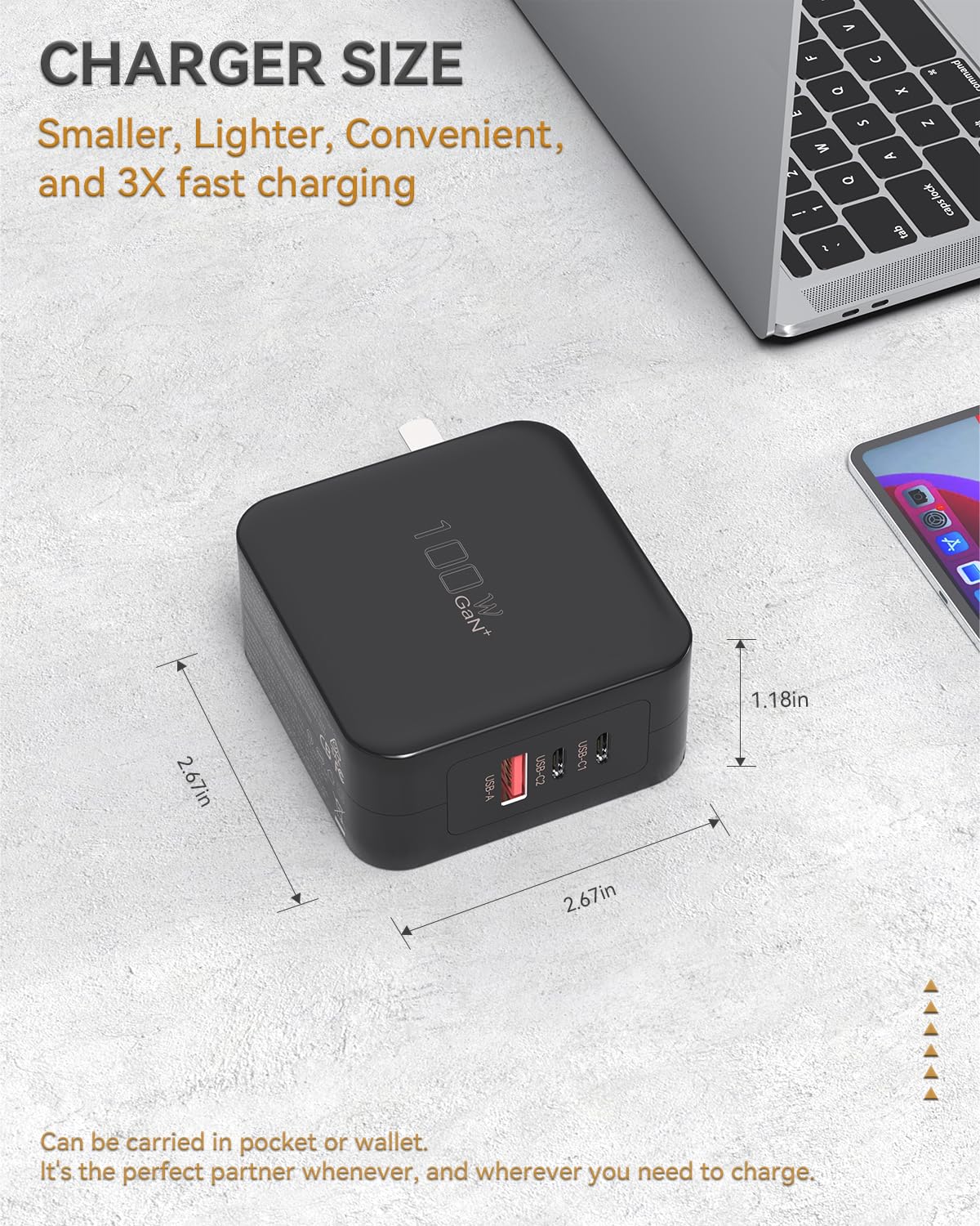100W Usb C Fast Charger, 3 Port Gan Wall Charger Pd Usb C And Qc Usb A Charger Adapter Super Fast Type C Charging For Macbook, I