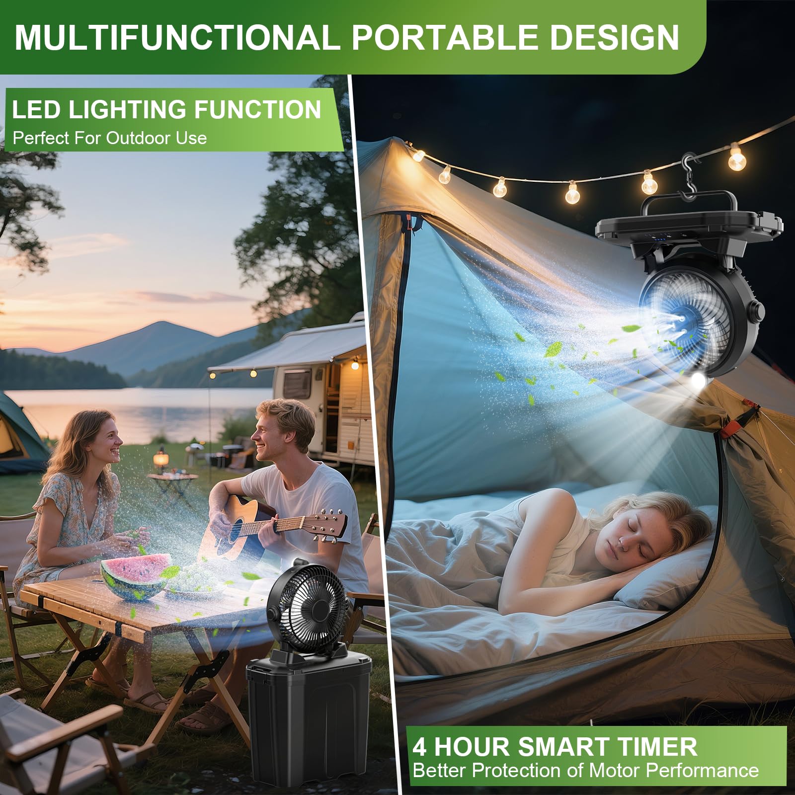 Portable Misting Fan With 11L Large Bucket, 20000Mah Usb Rechargeable Battery Operated Camping Fans, 3 Large Spray Nozzles & 3 S