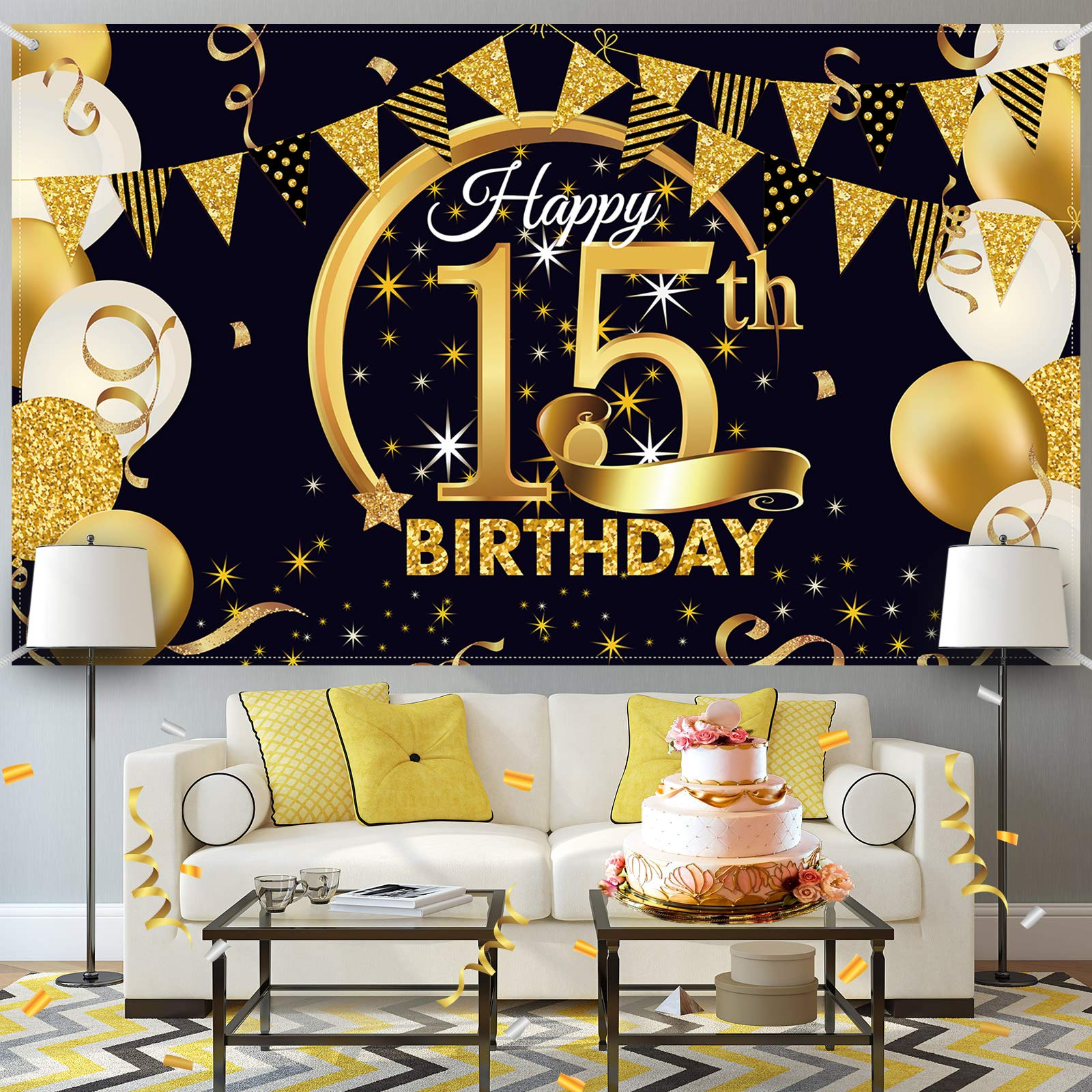 15Th Birthday Party Decoration, Extra Large Fabric Black Gold Sign Poster For 15Th Anniversary Photo Booth Backdrop Background B