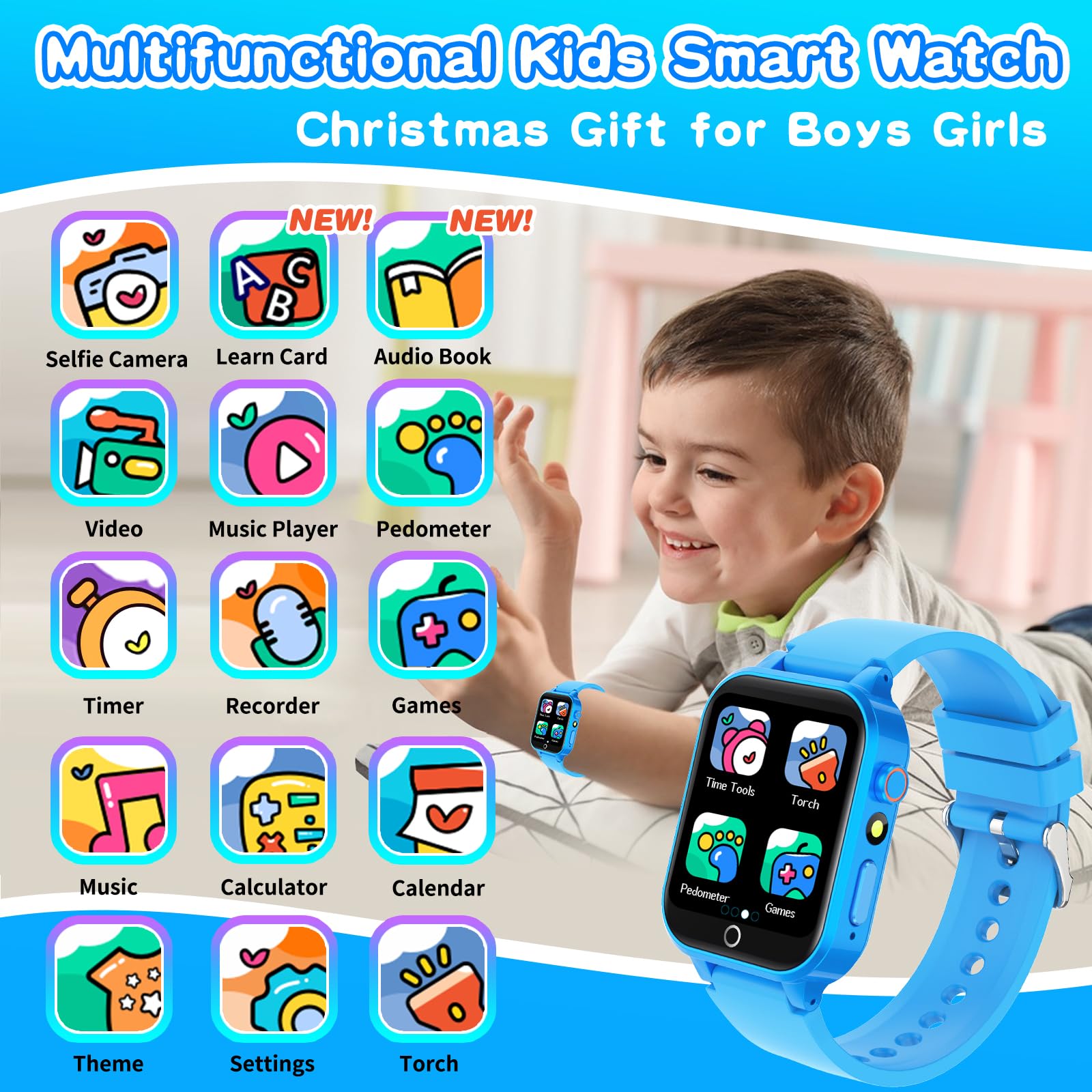 Cosjoype Kids Smart Watch For Kids With 26 Puzzle Games Hd Camera Video Mp3 Player Habit Tracking Learn Card Flashlight 12/24 Hr