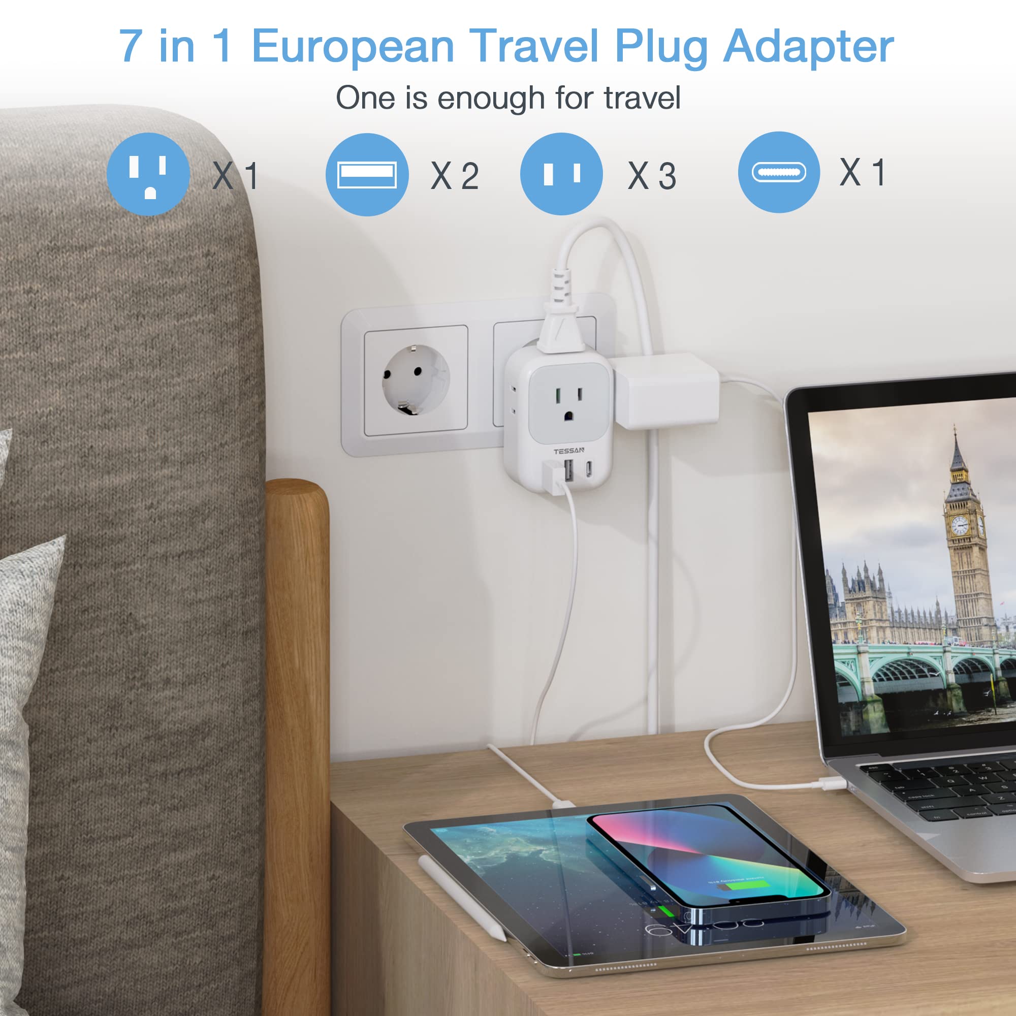 2 Pack European Plug Adapter Usb C, Tessan Us To Europe Plug Adapter With 4 Outlets 3 Usb Charger, Type C Power Adaptor To Italy