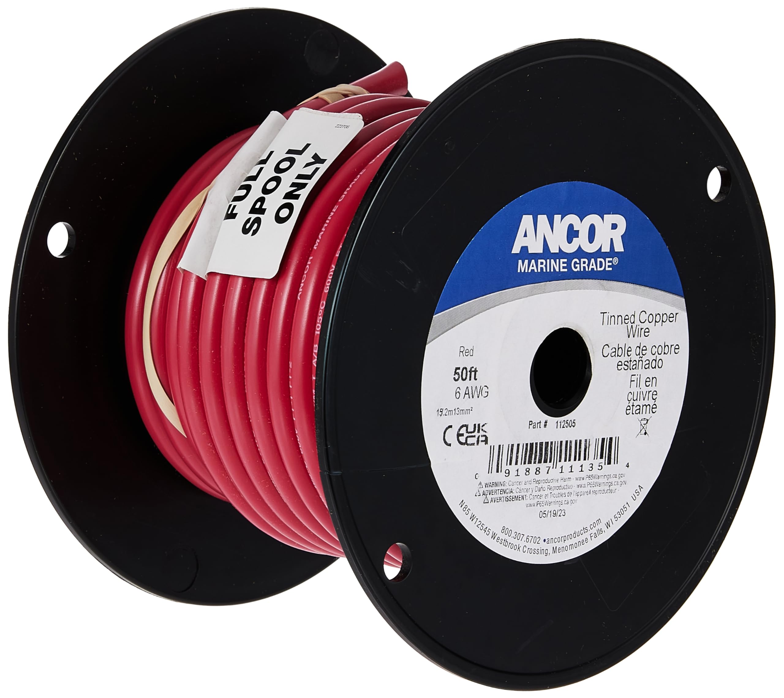 Ancor 112550 Marine Grade Electrical Tinned Copper Battery Cable (6-Gauge, Red, 500-Feet)