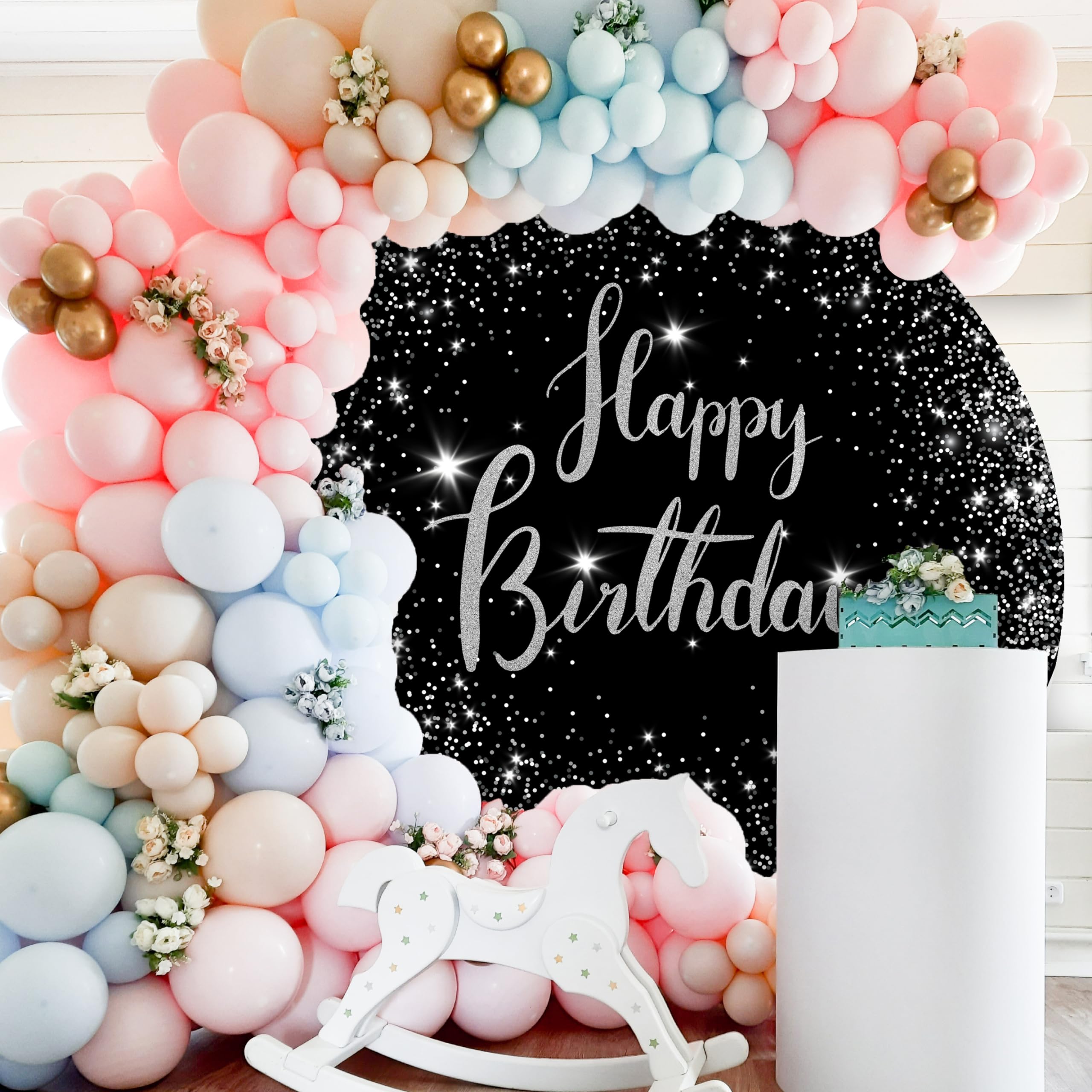 Jditngp 7.2Ft Happy Birthday Round Backdrop Cover Black And Silver Birthday Circle Photography Background Glittering Stars Diamo