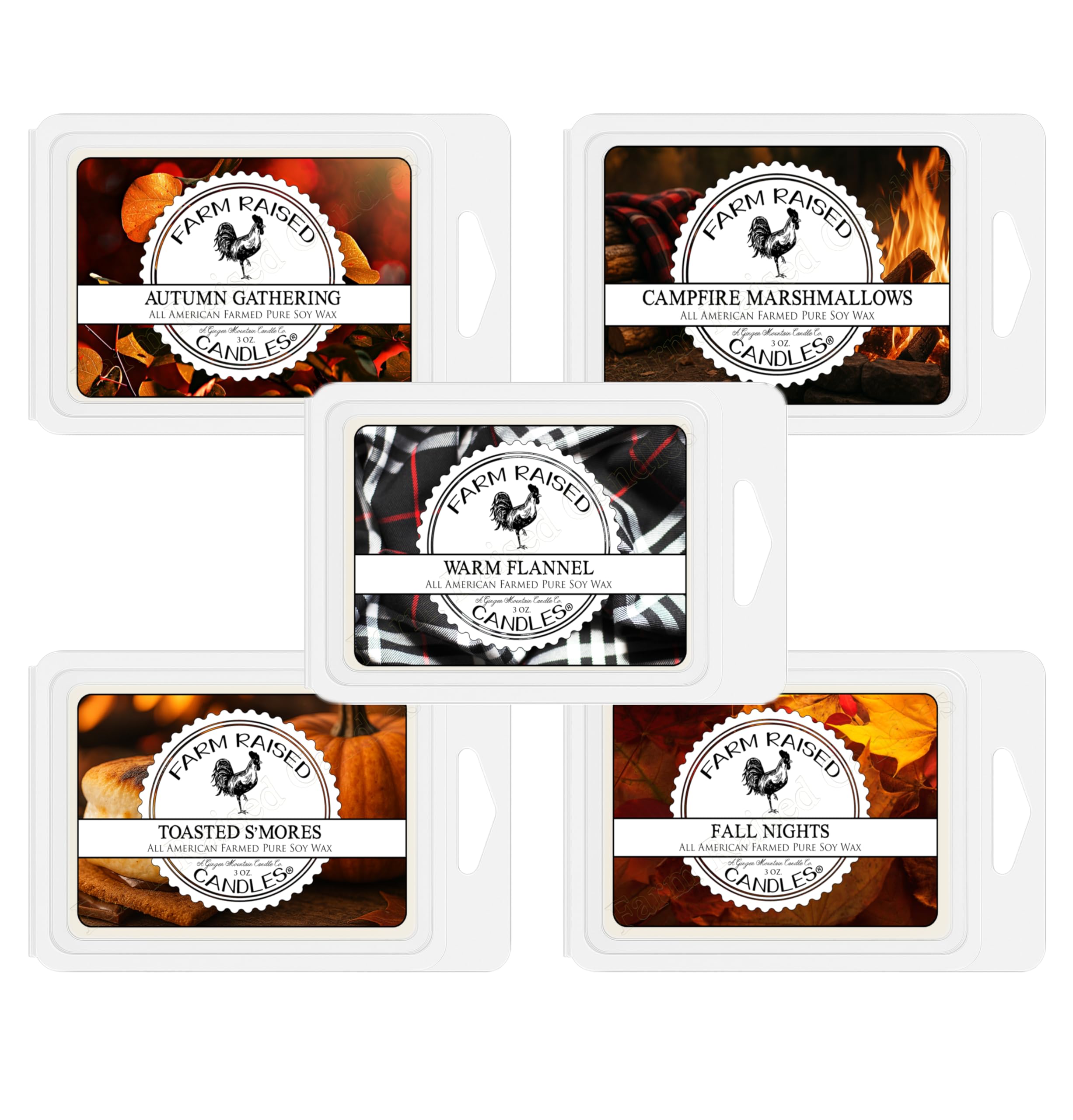 Farm Raised Candles - Fresh from the Farm Soy Wax Melts - Variety Pack - 5 Pack, 16oz Total (30 Cubes) - Autumn Gathering, Campf