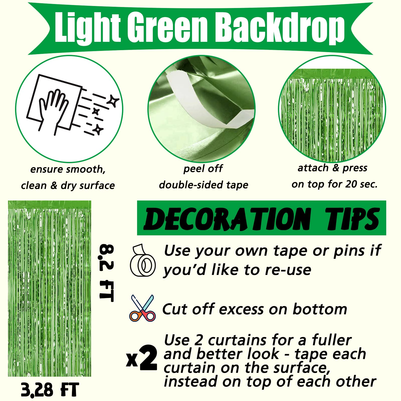 4 Pack Fringe Curtain Backdrop, 3.2Ft X 8.2Ft Light Green Metallic Tinsel Foil Fringe Streamers Background For Photo Booth Birth