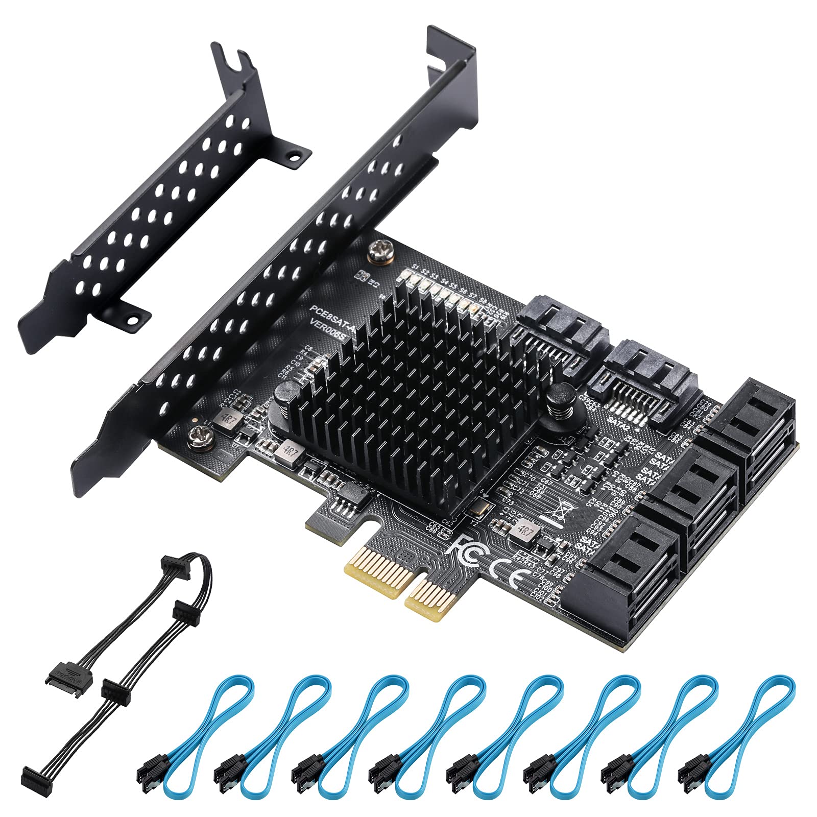 Beyimei Pcie Sata Card 8 Ports, With 8 Sata Cables, Power Splitter Cable Andlow Profile Bracket,Sata 3.0 Controller Expansion Card, Pci E X1 3.0 Gen3 (6Gbps) Controller Card (Asm1064+Jmb575)