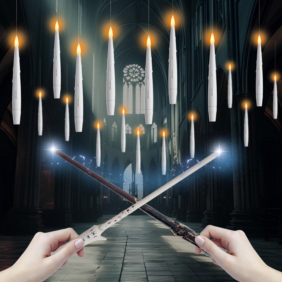 Afineth Floating Candles With Wand, Magic Hanging Candles 20 Pack, Flickering Flameless Floating Led Candles, White Battery Oper