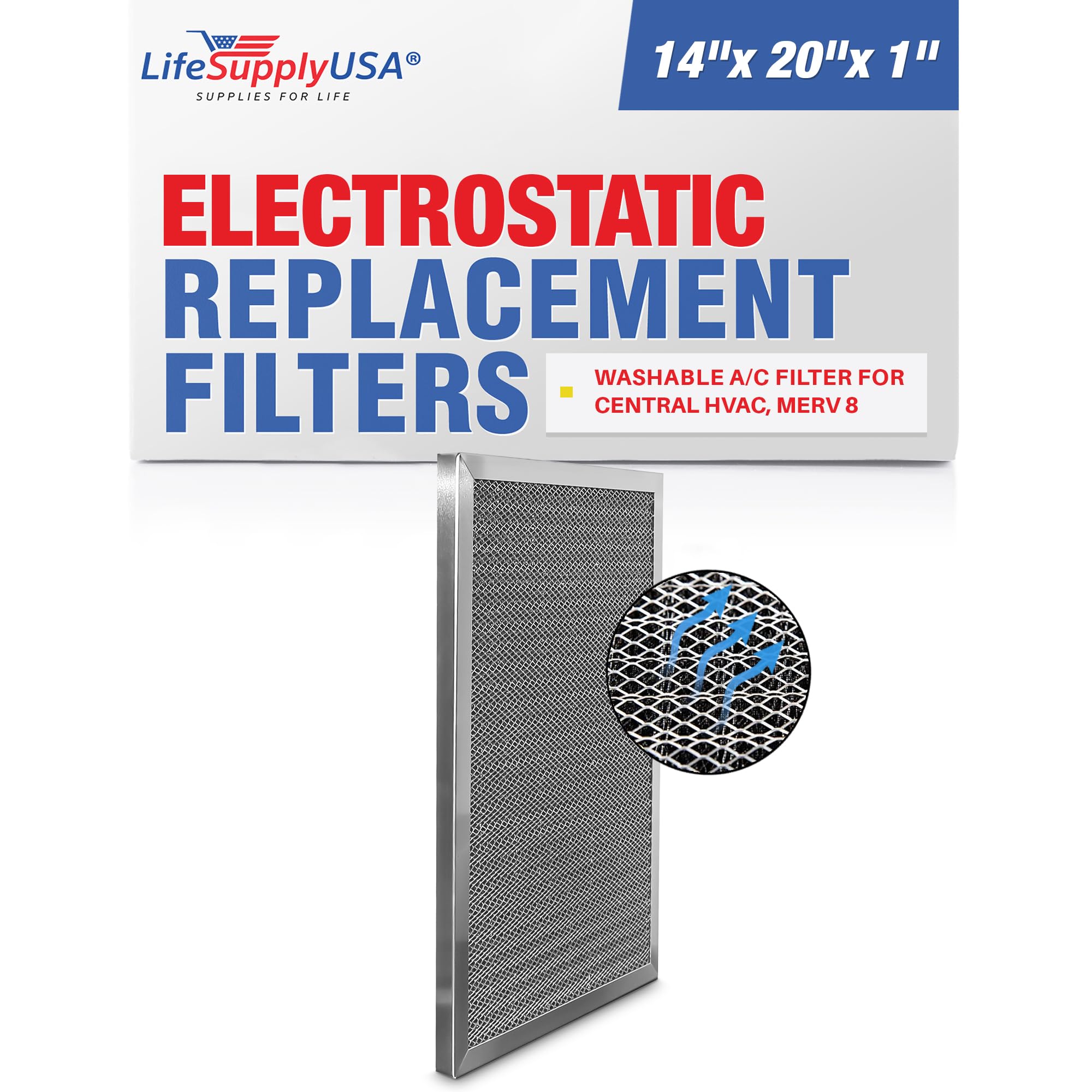 Lifesupplyusa 14X20X1 Electrostatic Air Filter, Merv 8, Washable, Reusable Furnace Ac/Hvac Filter, Energy Saving, Easy To Clean,