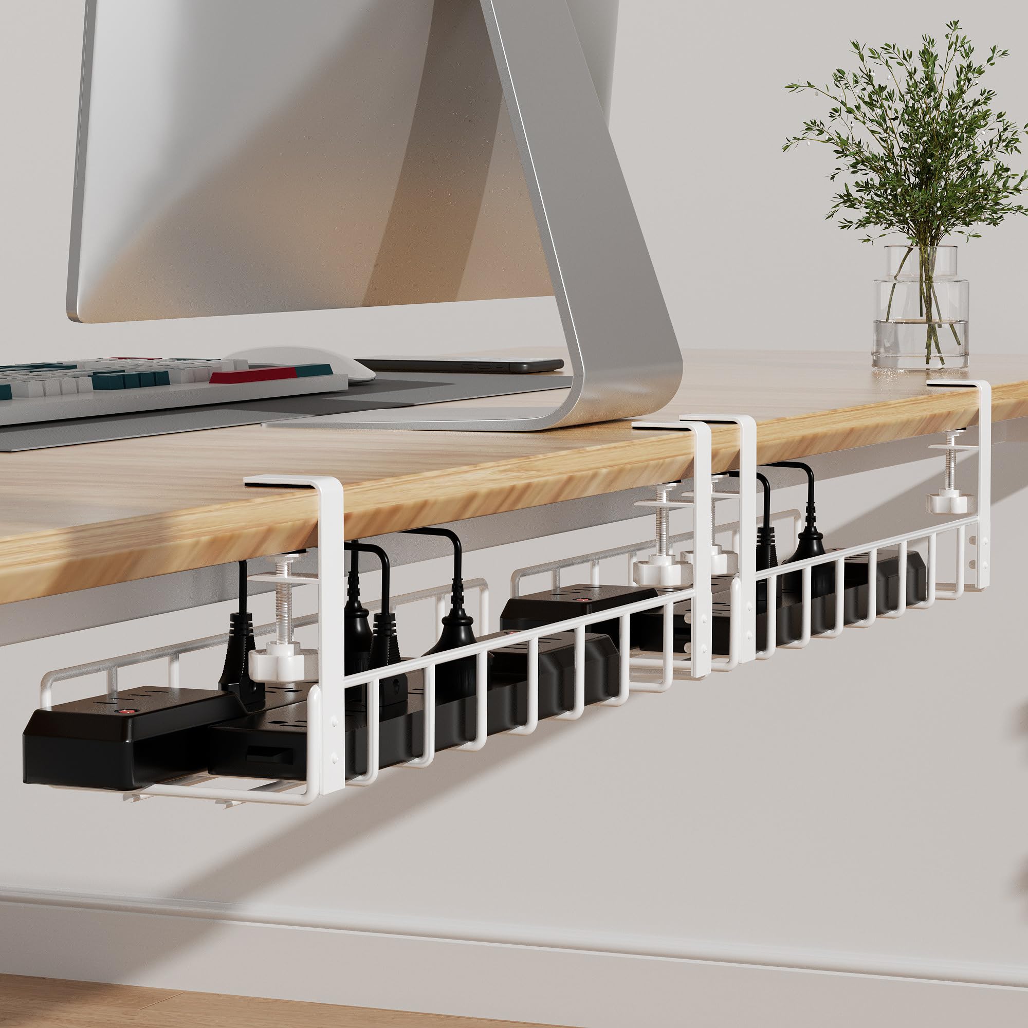 Xpatee 2 Pack Cable Management Under Desk Tray, 31.4'' No Drill Under Desk Wire Management With Upgraded Clamp, Metal Cord Organ