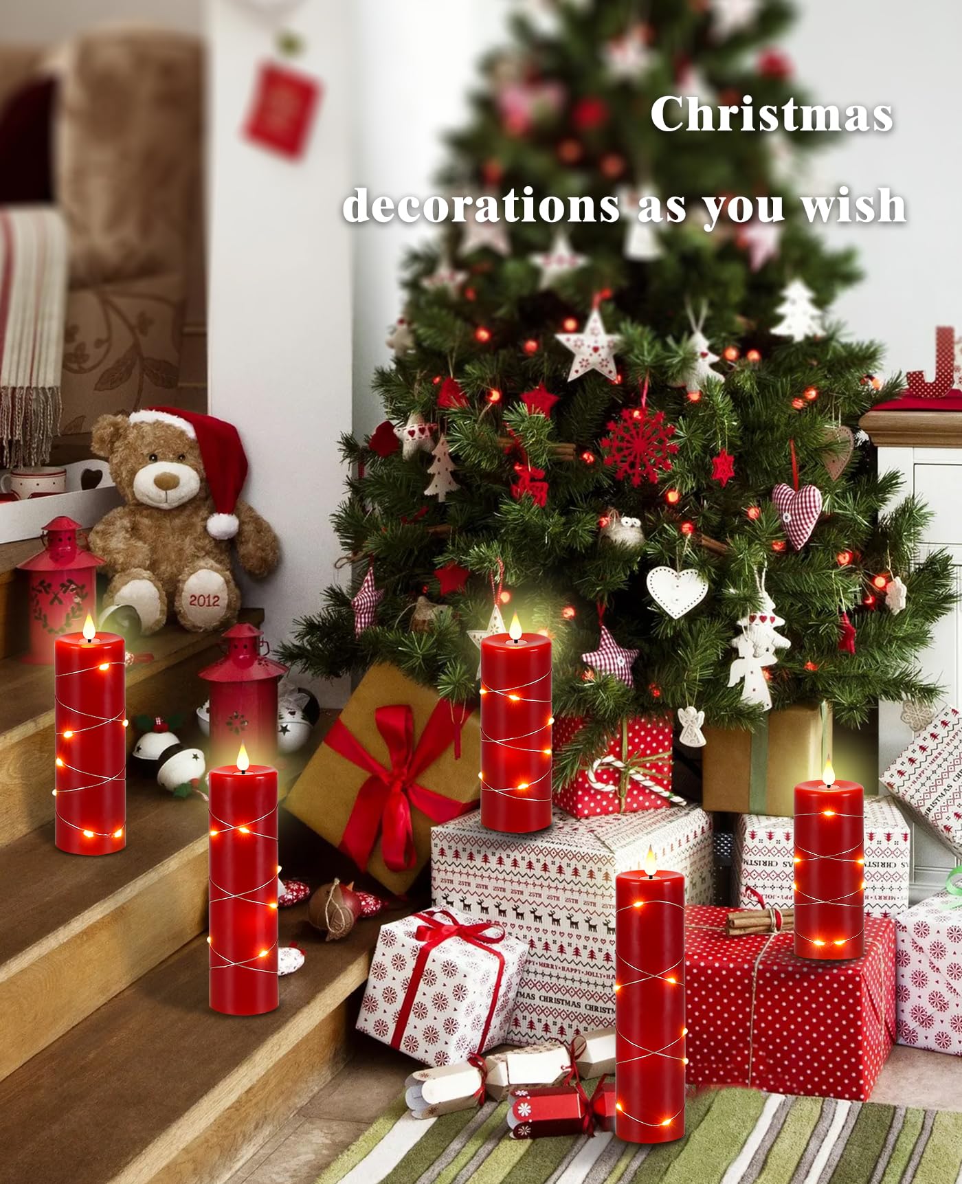 Da By Red Flameless Candles With String Lights, Battery Operated Candles With Remote Control And Timer,Flickering Led Pillar Can