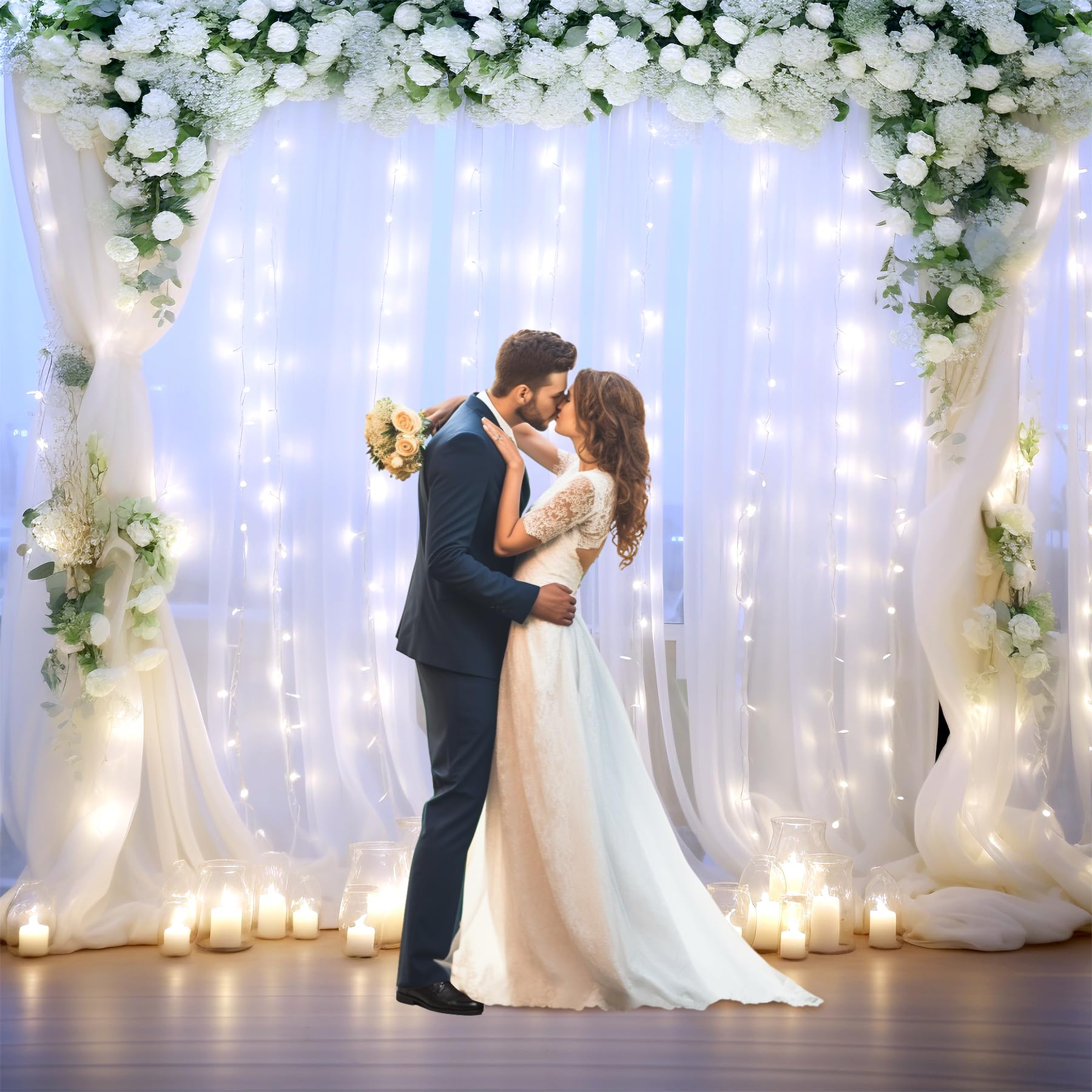 White Backdrop Curtains With Lights String For Wedding Parties 10  10Ft Sheer Tulle Backdrop Curtain For Bridal Shower Baby Show