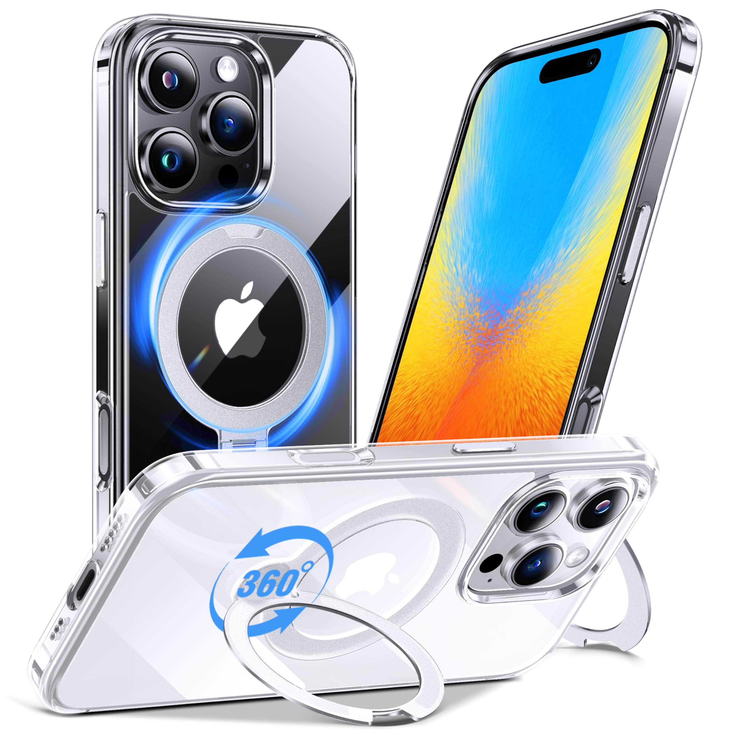 Anqrp 360 All-in-ONE Crystal Clear Case for iPhone 16 Pro Max with Rotatable Magnetic Stand, Compatible with MagSafe, Anti-Yello