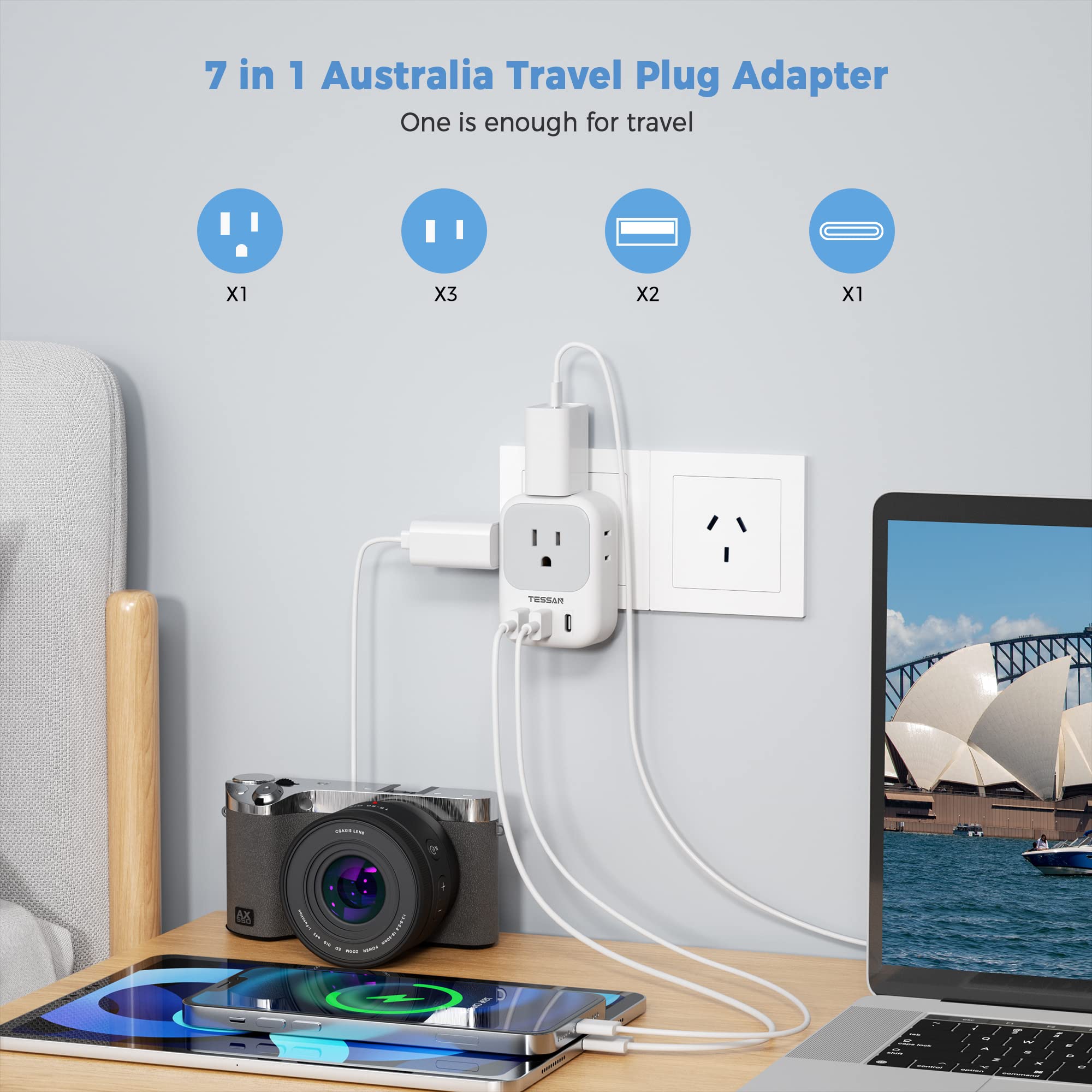 Australia New Zealand Power Adapter, Tessan Type I Travel Adaptor With 4 American Outlets 3 Usb Charger (1 Usb C Port), Plug Con