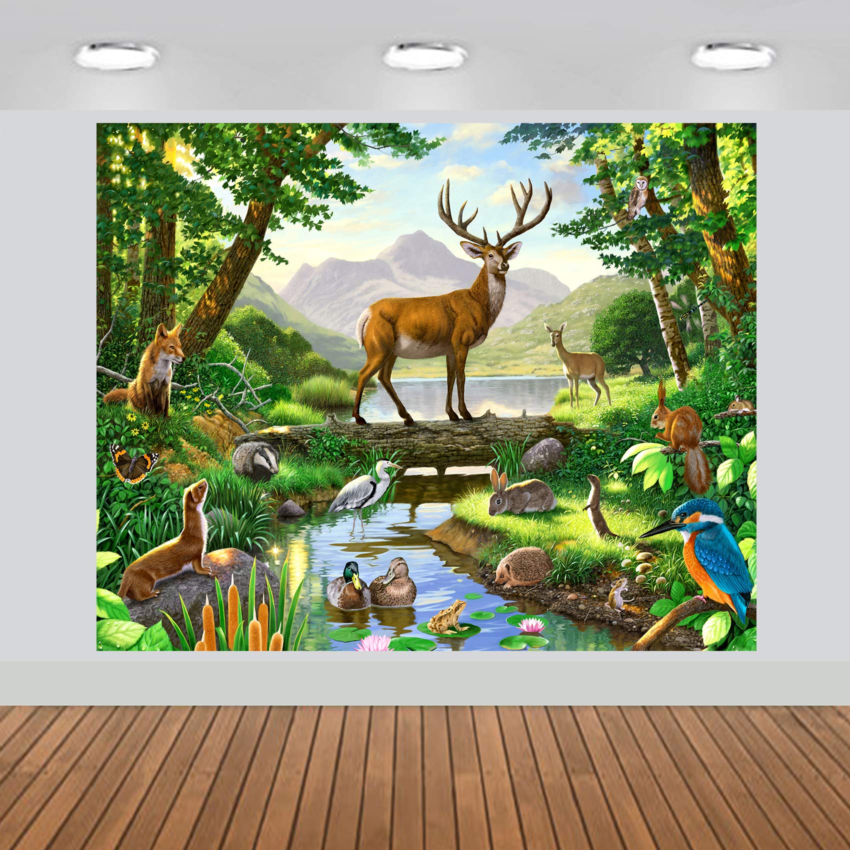 Woods Animals Deer By Lake Scenic Backdrop Large Banner Photography Studio Fabric Background Photobooth Prop 7X6Feet #2210