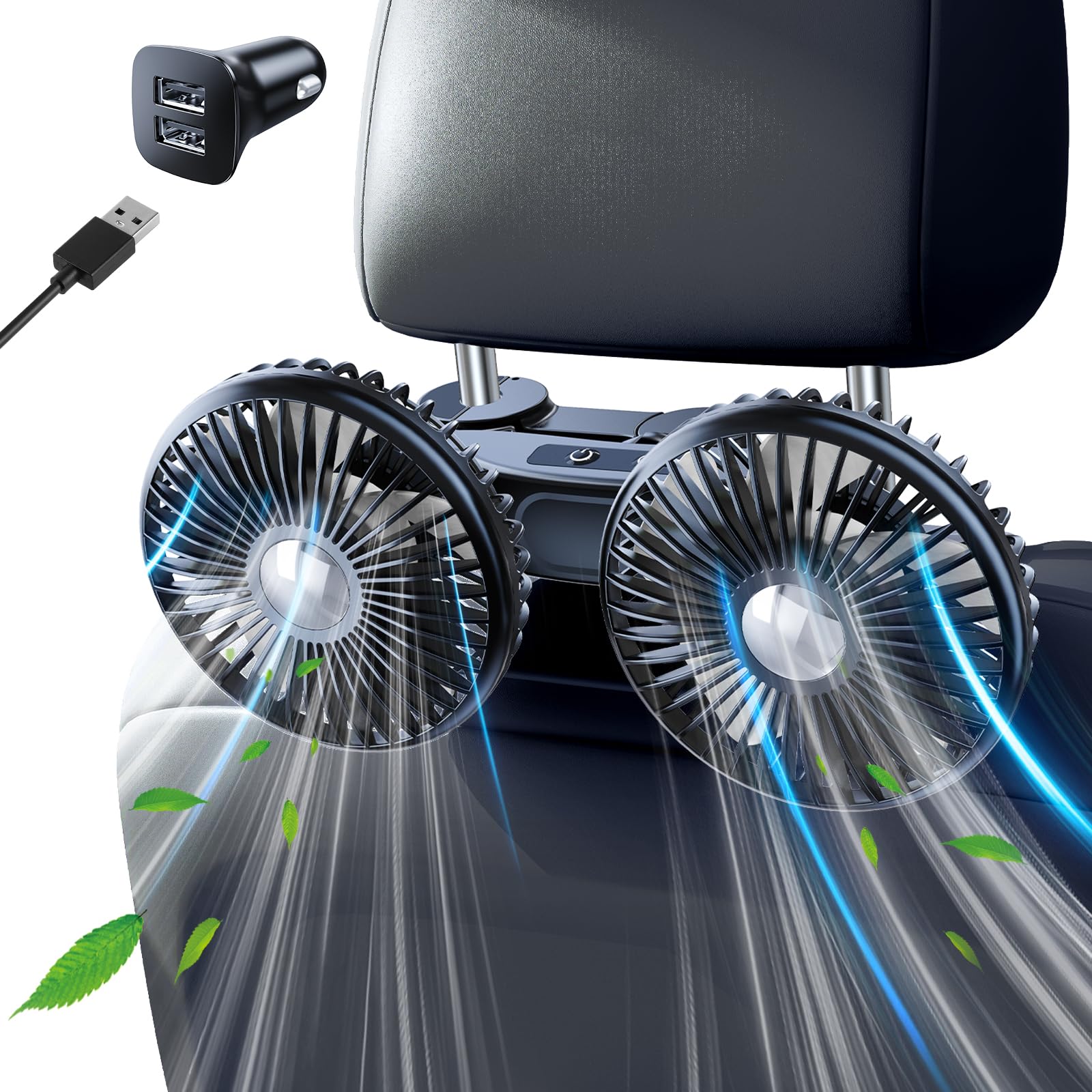 Xuenair Car Fan,120�*2+360�*2+270� Adjustable Car Backseat Fan, Car Seat Fan For Baby Rear Facing 15Db Quiet Running, Usb Fan For Car Seat Baby, Car Cooling Fan With Dual Usb A Car Charger (A Usb)