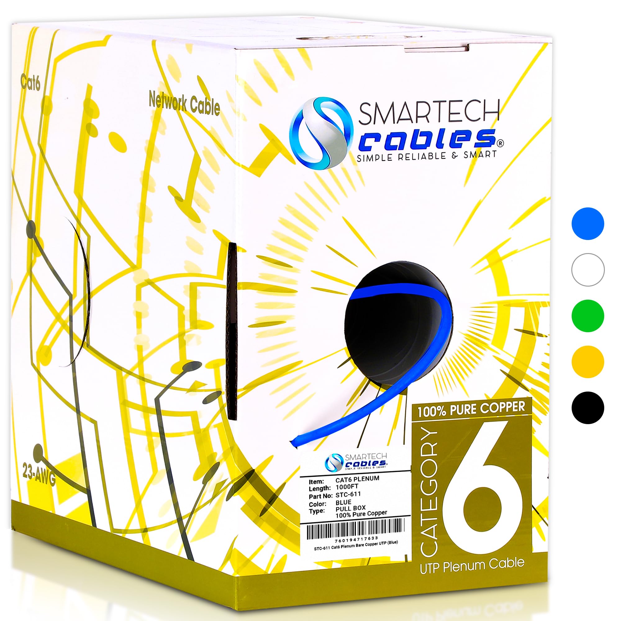 Cat6 Plenum (Cmp) 1000Ft Bulk Ethernet Cable | Certified 100% Pure Solid Bare Copper | 550Mhz, 23Awg, Utp | High Bandwidth & Stable Performance