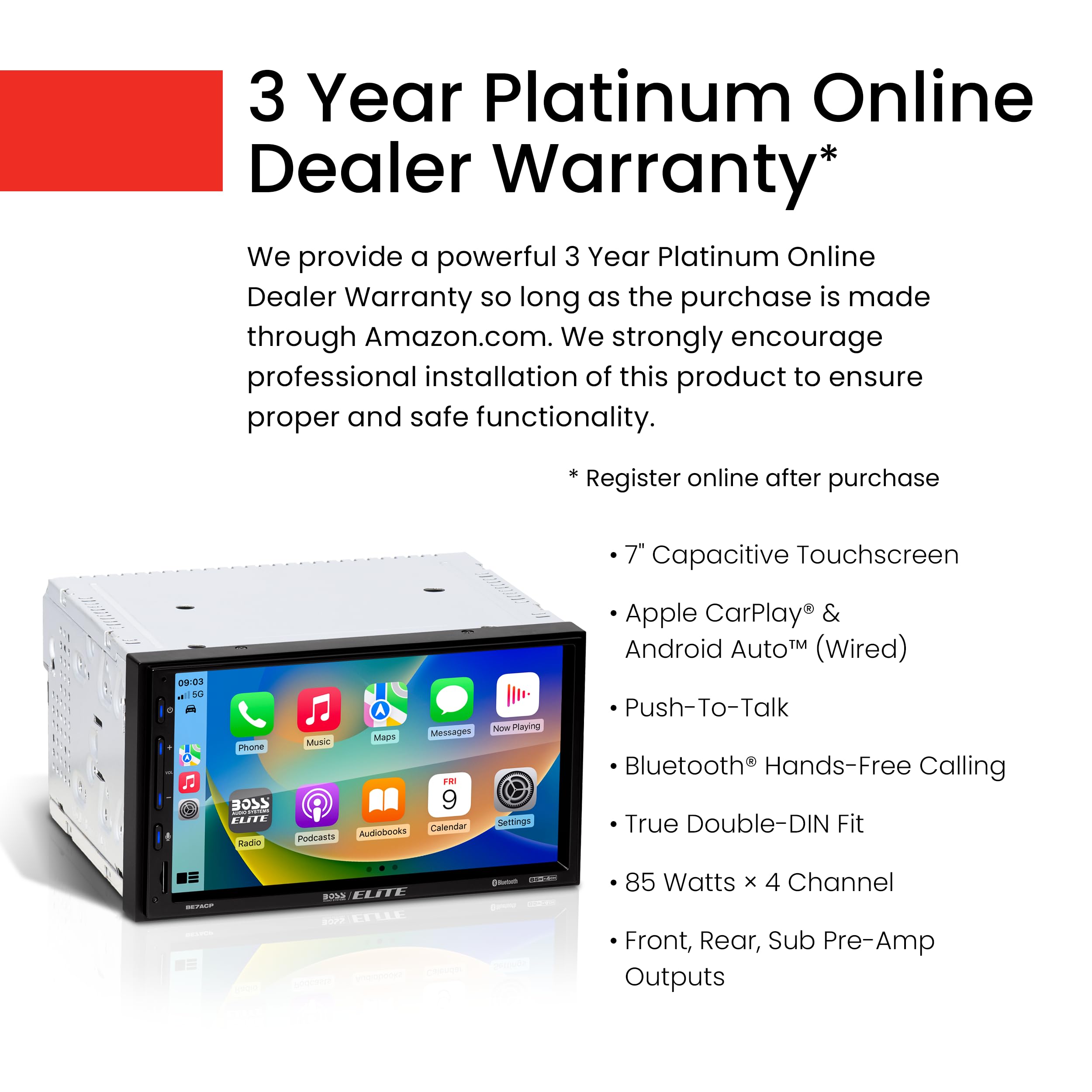 Boss Audio Systems Elite Series Be7Acp Car Stereo   Apple Carplay, Android Auto, Double Din, 7 Inch Touchscreen, Bluetooth, No C