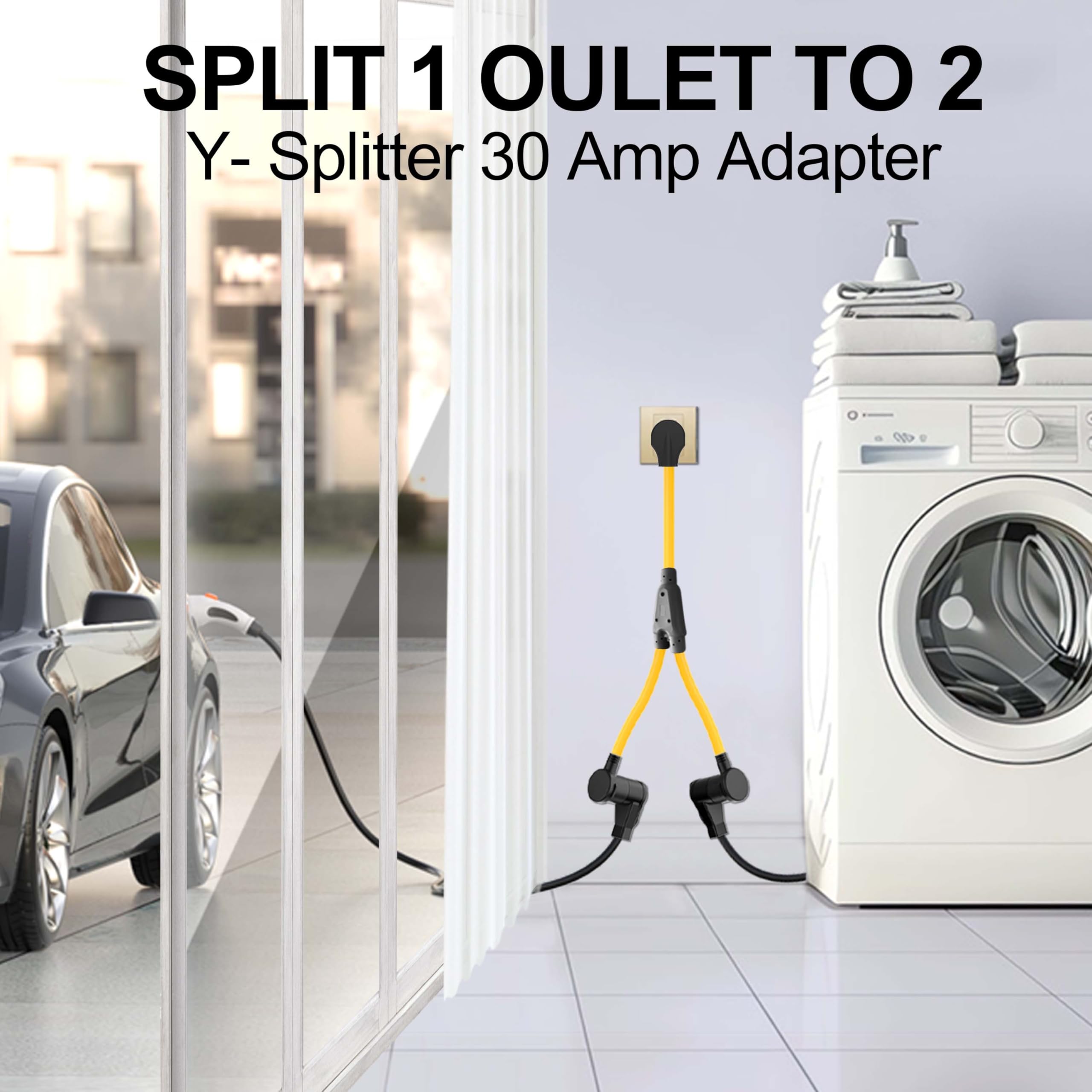 3 Prong Dryer Y Splitter, Dryer Outlet And Level 2 Ev Charging, Ul Listed, Nema10 30P Male To Two Nema 10 30R Female, 30 Amp 250